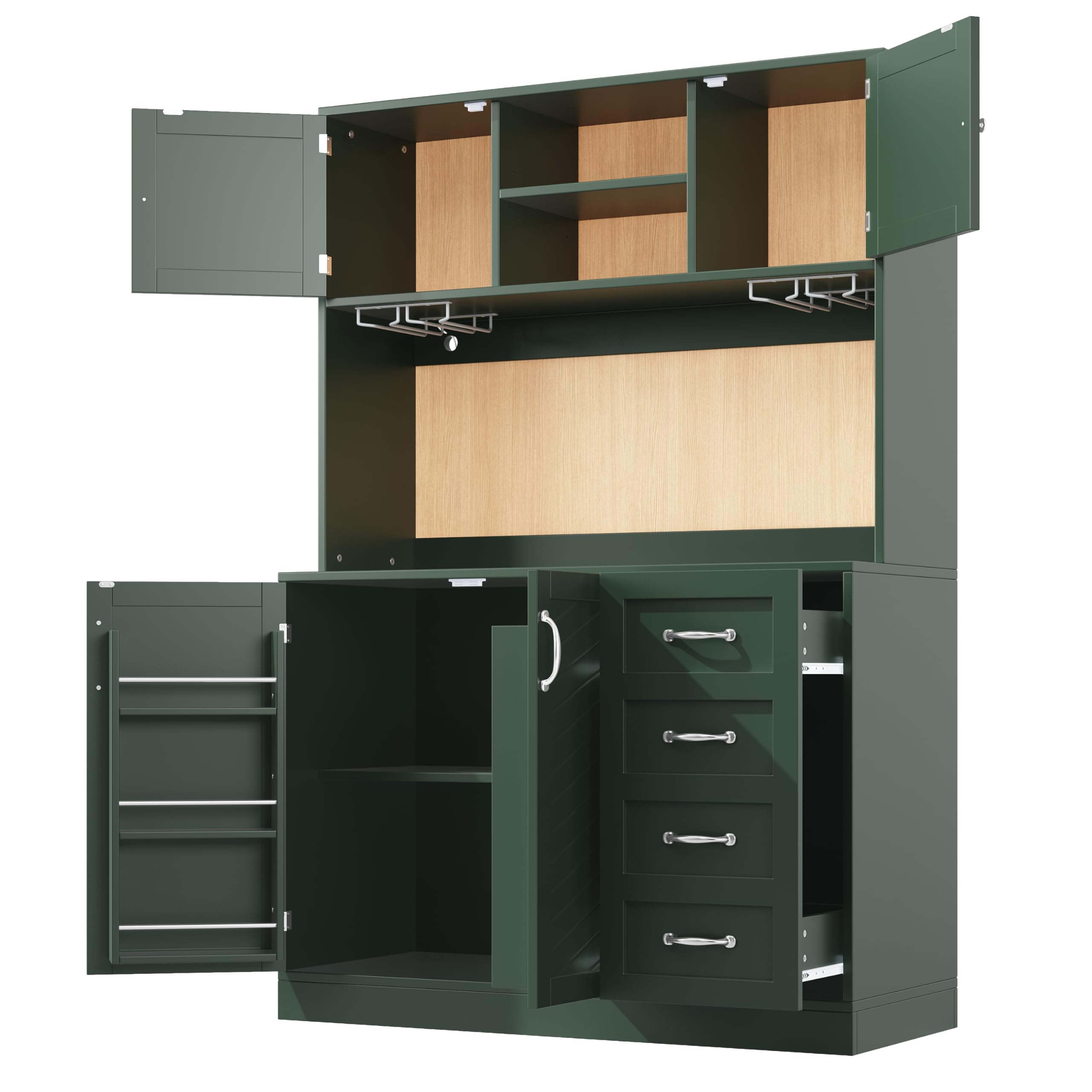 Küchenschrank Hochschrank mit Arbeitsplatte und LED-Licht, Küchenbuffet Buffetschrank mit Getränkehaltern und 4 Türen, Highboard Schrank mit Schubladen und Snackregal, Grün, 120x40x188 cm
