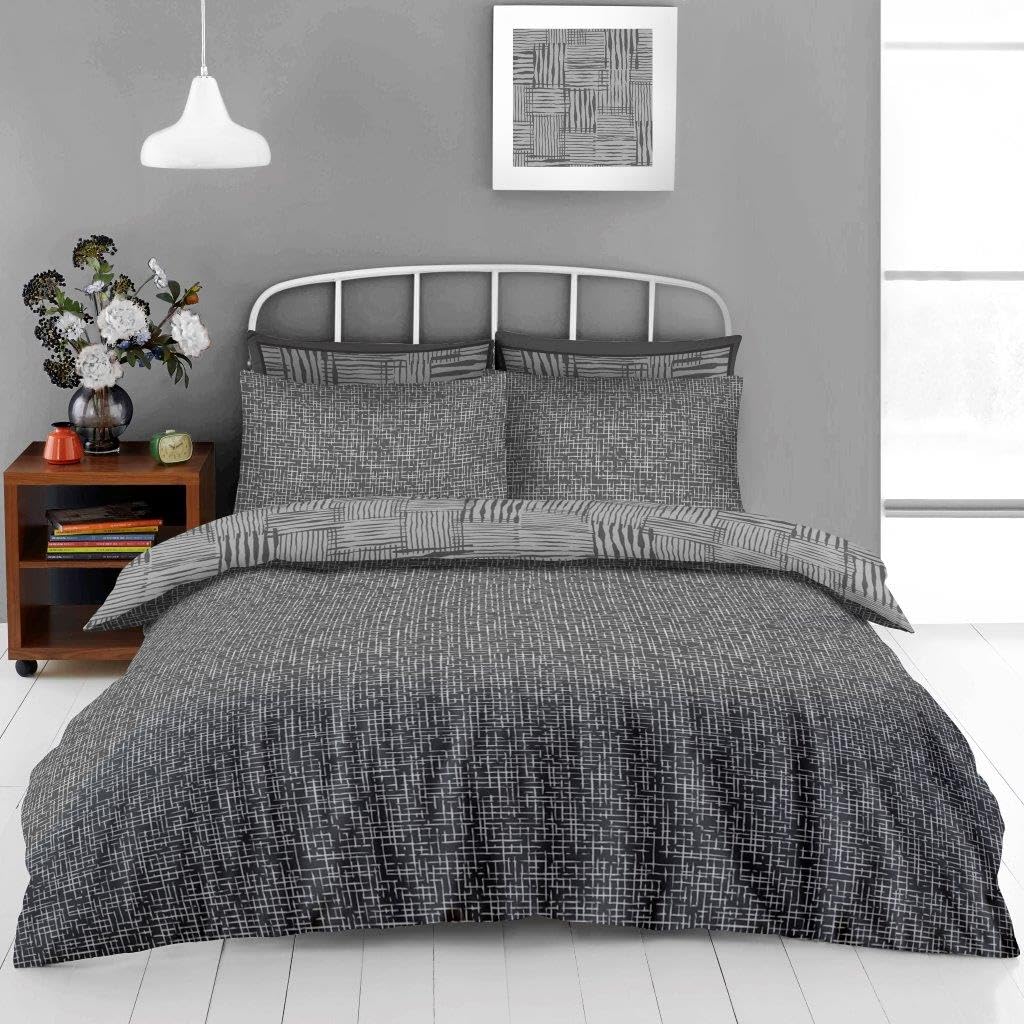 Lions Grey Bedding Double - Soft Duvet Covers Set with Matching Pillowcase, Poly Cotton Printed Reversible Quilt Cover, Geometric Charcoal, 200x200cm