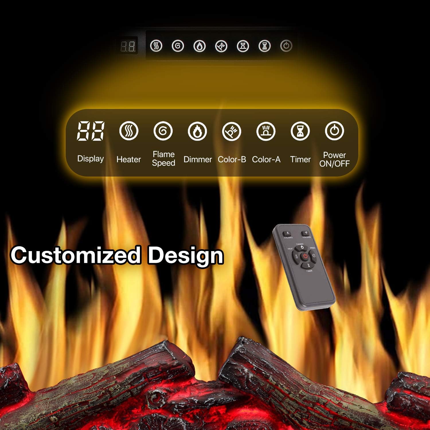 R.W.FLAME 34" Electric Fireplace Insert Adjustable Flame Colors, Log Colors, Flame Speed and Brightness, Remote Control, 750W/1500W(34"x26")