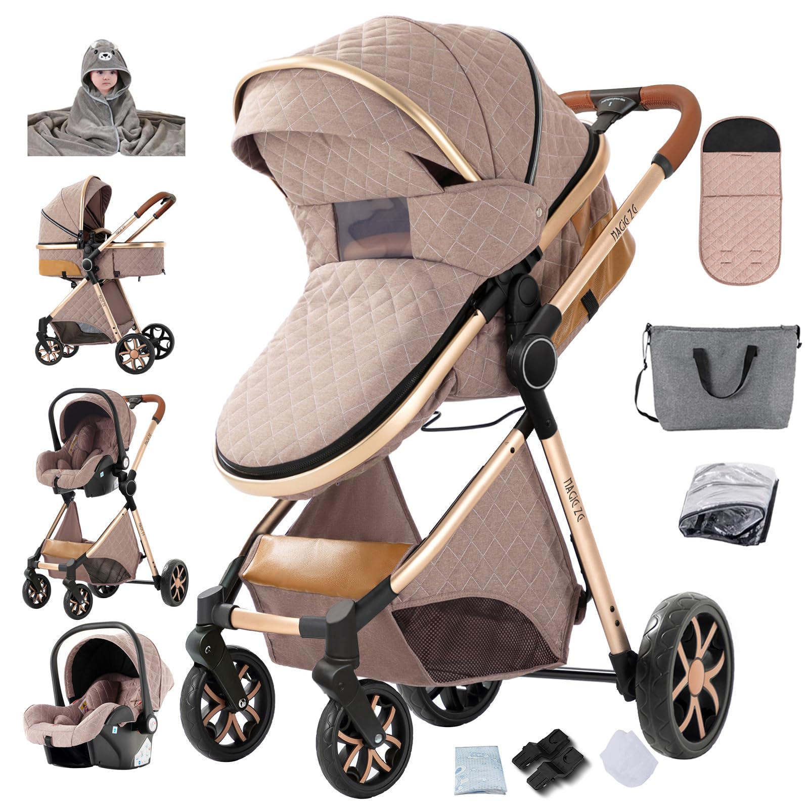 Poussette 3 en 1 Trio de Voyage Réversible Pliante En Un Clic, Freinage Double Roues Avant et Arrière, Khaki + Serviette de bain