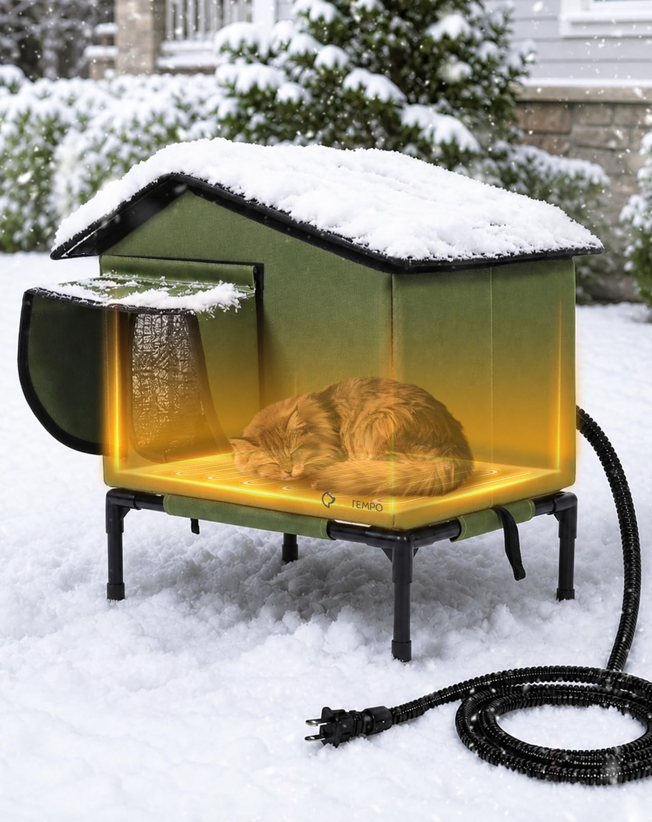 PETEMPO Heated Cat House Outdoor, Waterproof Large Insulated Winter Cat Shelter with Heating Pad (35-45°C), Elevated Base, Escape Door & Roof Window, for Stray and Barn Cat, S (40x30x45 cm)