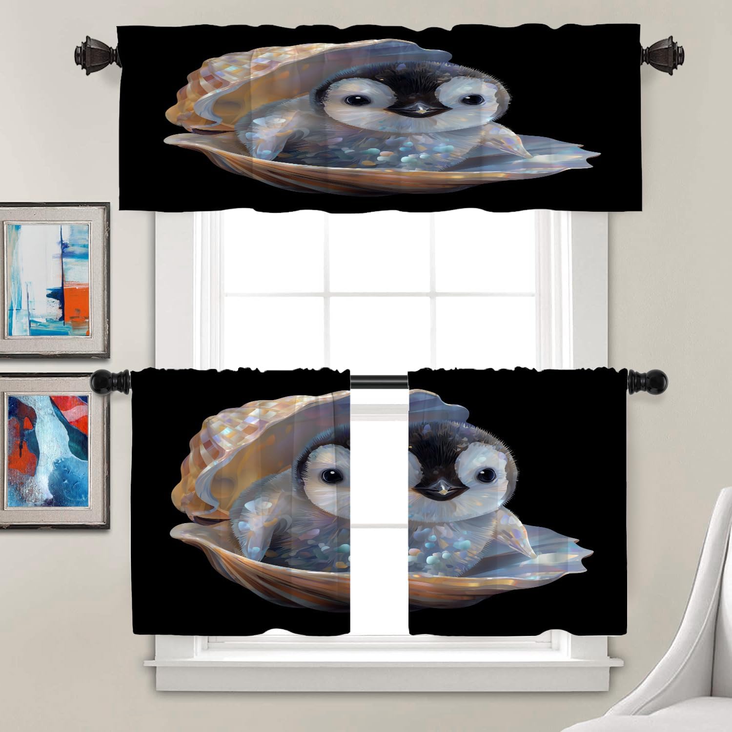 Batmerry Cute Penguin Conch Thermal Insulated Valances for Windows,Baby Penguin in Shell Colorful Sparkling Kitchen Curtains and Valances Set Blackout Short Valance for Bathroom, 2 Pack 52X18 Inches