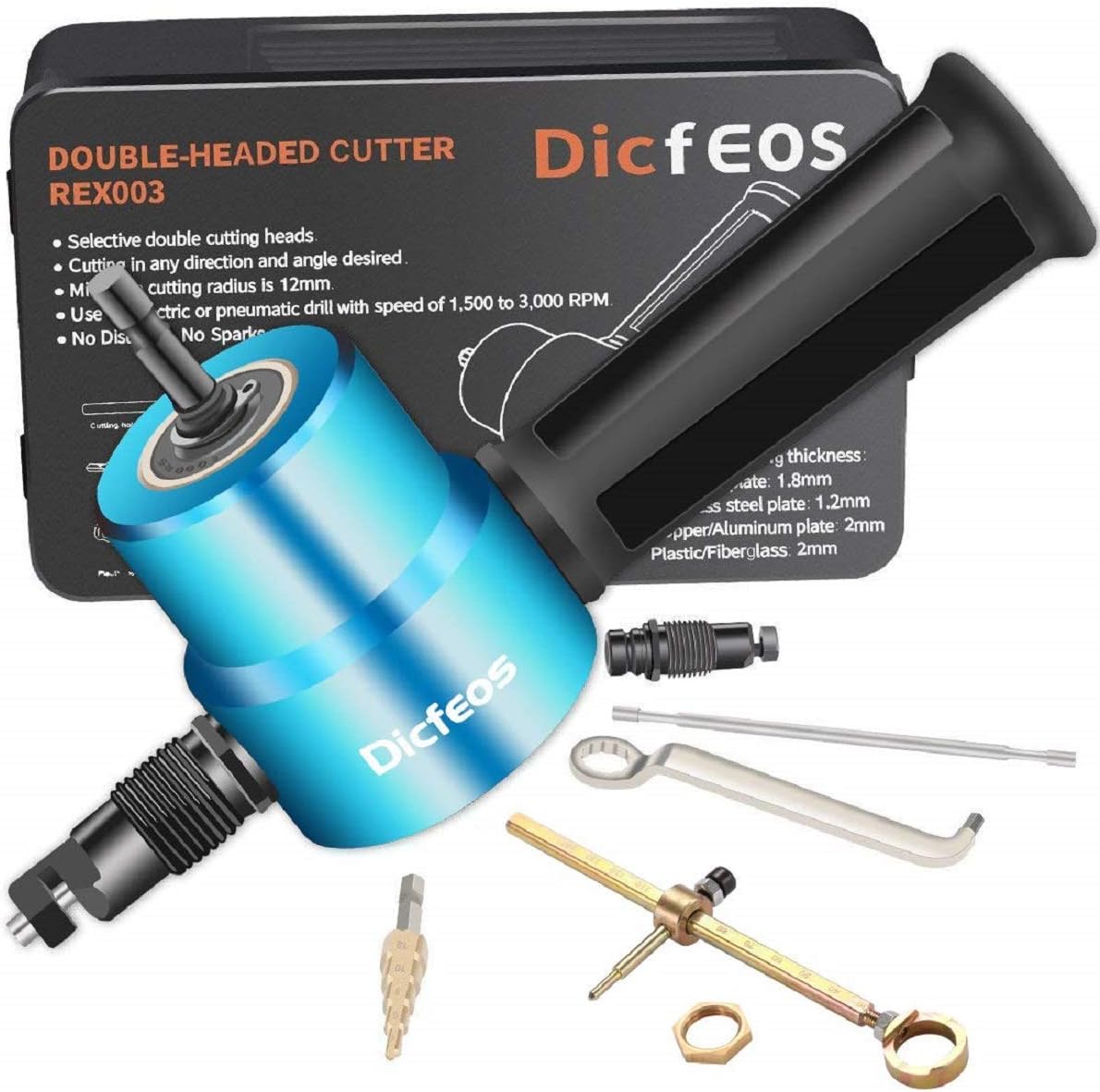 Dicfeos Double Head Metal Sheet Nibbler Cutter with Circle Cutting Accessories, Drill Attachment with Wrench and Parts, Maximum 14 Gauge Steel
