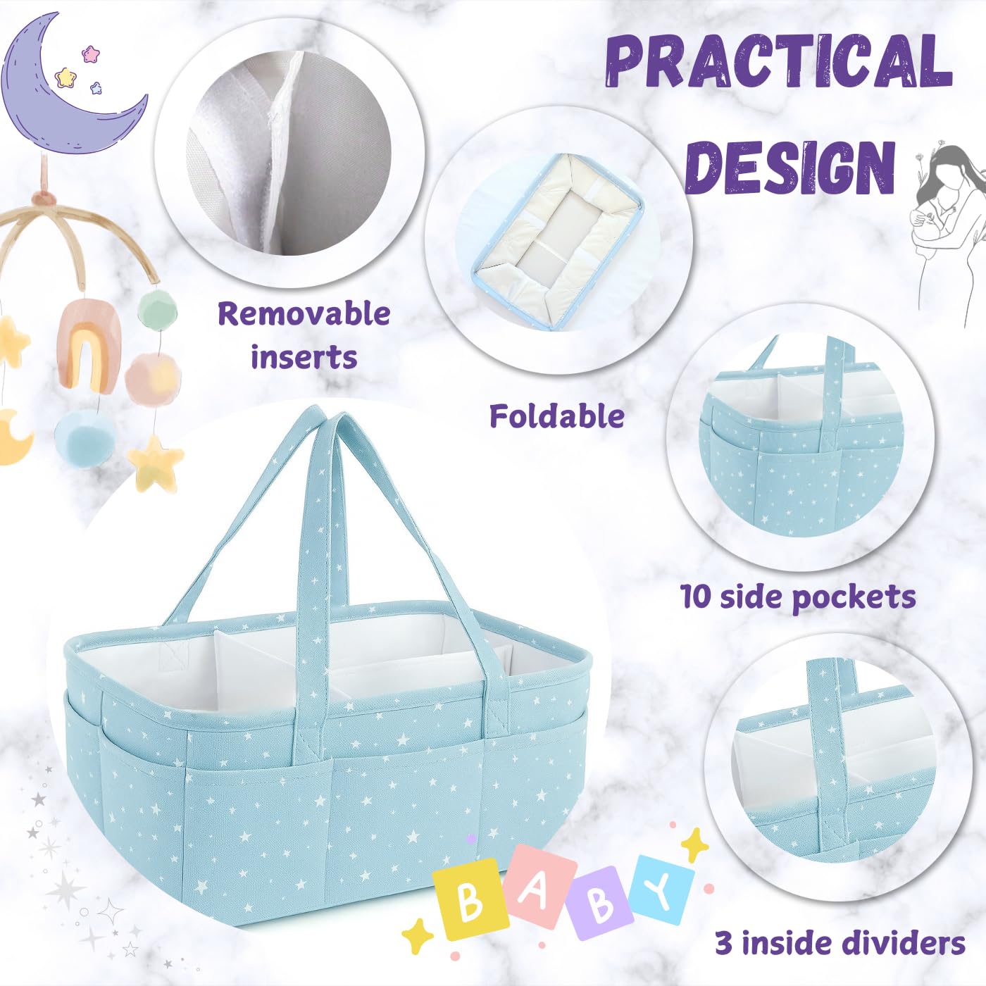 Little Finds Portable Nappy Caddy Organiser, Cotton Diaper Changing Basket,Baby Nursery Essentials Organiser - Image 2
