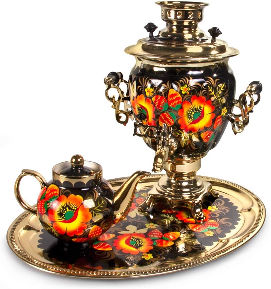 Electric Samovar Set ''Poppies'' with Tray & Teapot. Samovar Tea Maker.