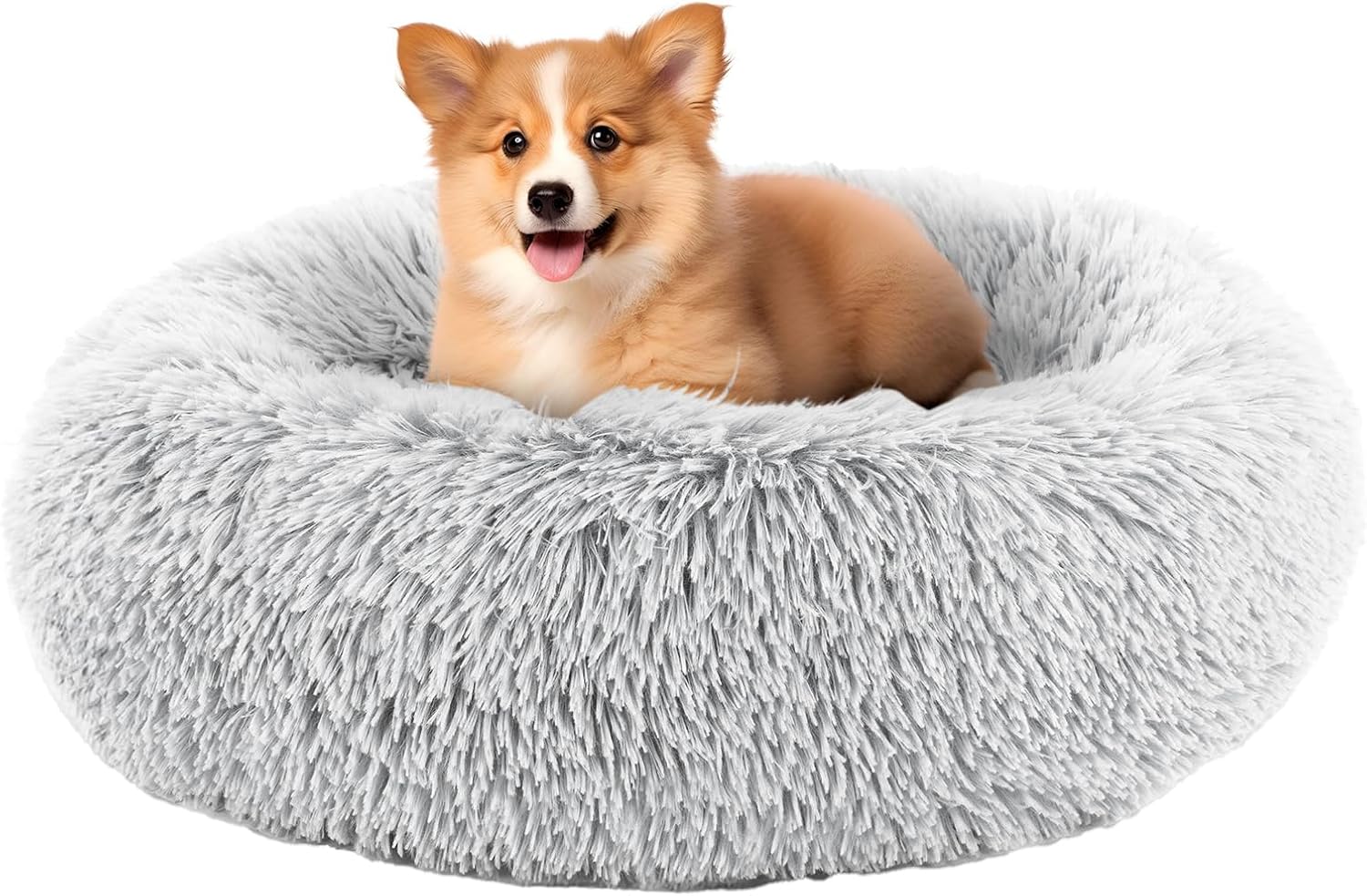 Sweetcrispy Calming Donut Dog & Cat Bed, Machine Washable Cuddle Warming Cozy Fluffy Faux Fur Plush Round Dog Bed, Anti-Anxiety Waterproof Anti-Slip Pet Bed for Small Medium Dogs and Cats,20 inches