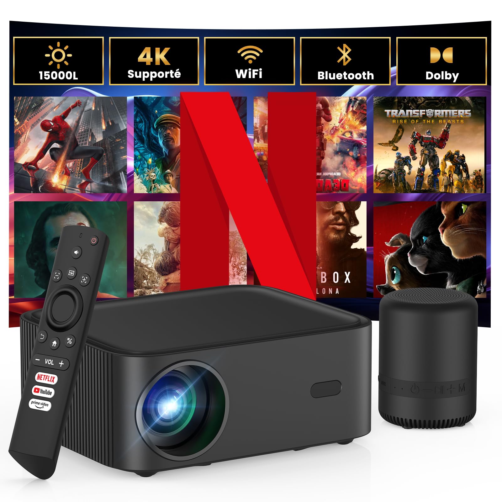 Mini Proyector【Netflix Oficial/Dolby Audio】con Altavoz BT, 15000L Projector Portatil 4K Soporte WiFi Bluetooth, Cine 1080P Full HD para Android/iOS/PS5