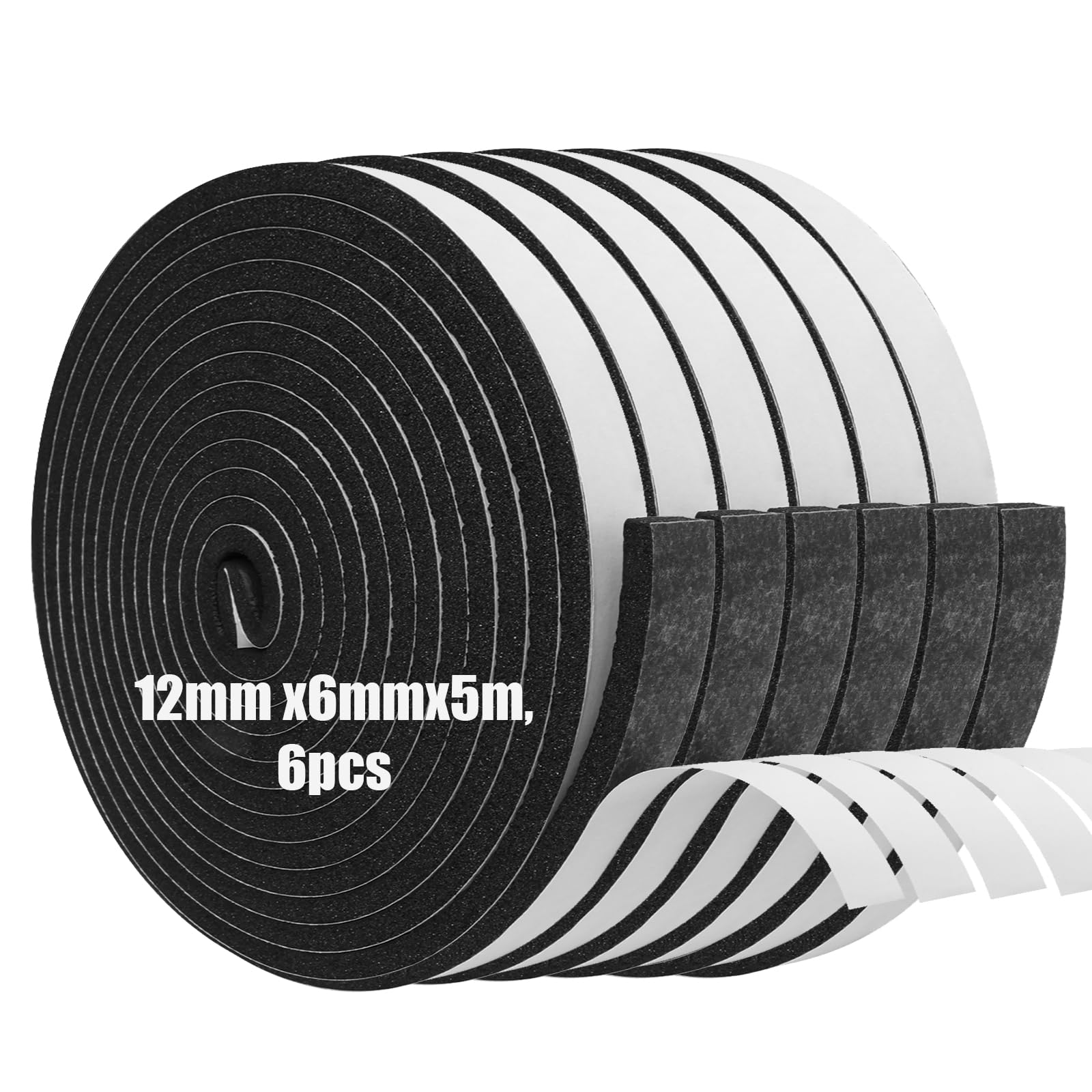 Foam Insulation Tape Self Adhesive,12mm(W) x6mm(T) x5m(L)-6pcs,Weather Stripping for Doors and Windows,Sound Proof Soundproofing Door Seal,Weatherstrip,Cooling,Air Conditioning Seal Strip