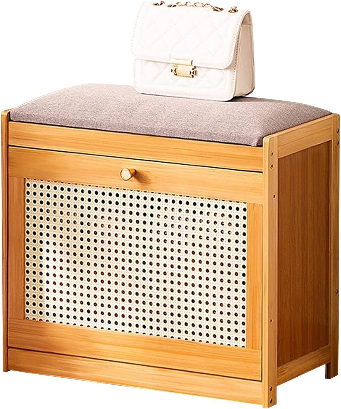 Rustic Solid Wood Entryway Bench with Linen Cushion Seat and Door - Storage Bench Wooden Shoe Bench(Size:50x24x44cm,Color:Wood Color)