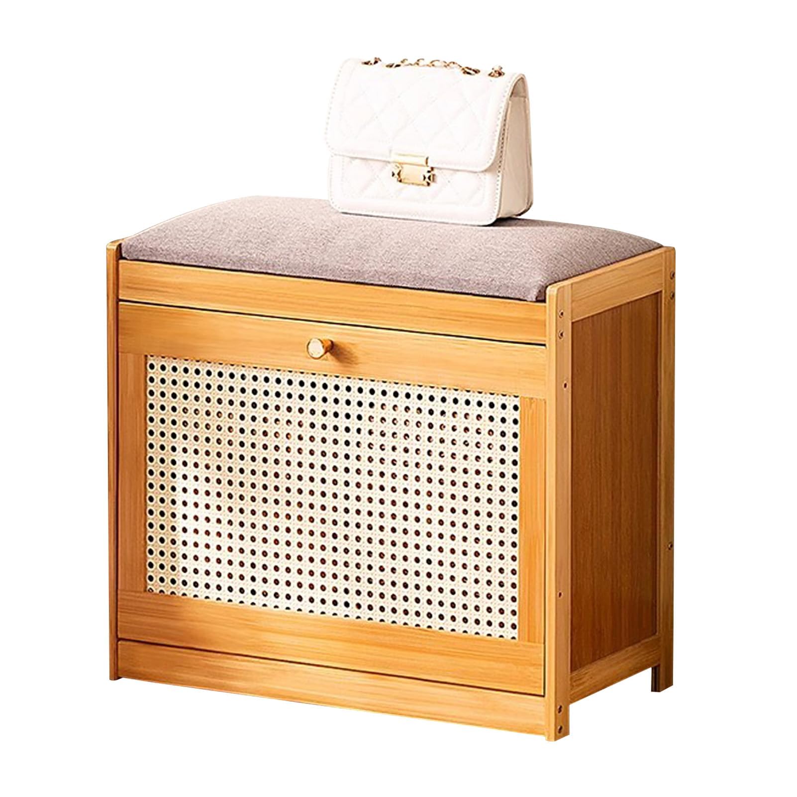 ZYJIX Storage Bench Wooden Shoe Bench Rustic Solid Wood Entryway Bench With Linen Cushion Seat And Door(Size:50x24x44cm,Color:Wood Color)