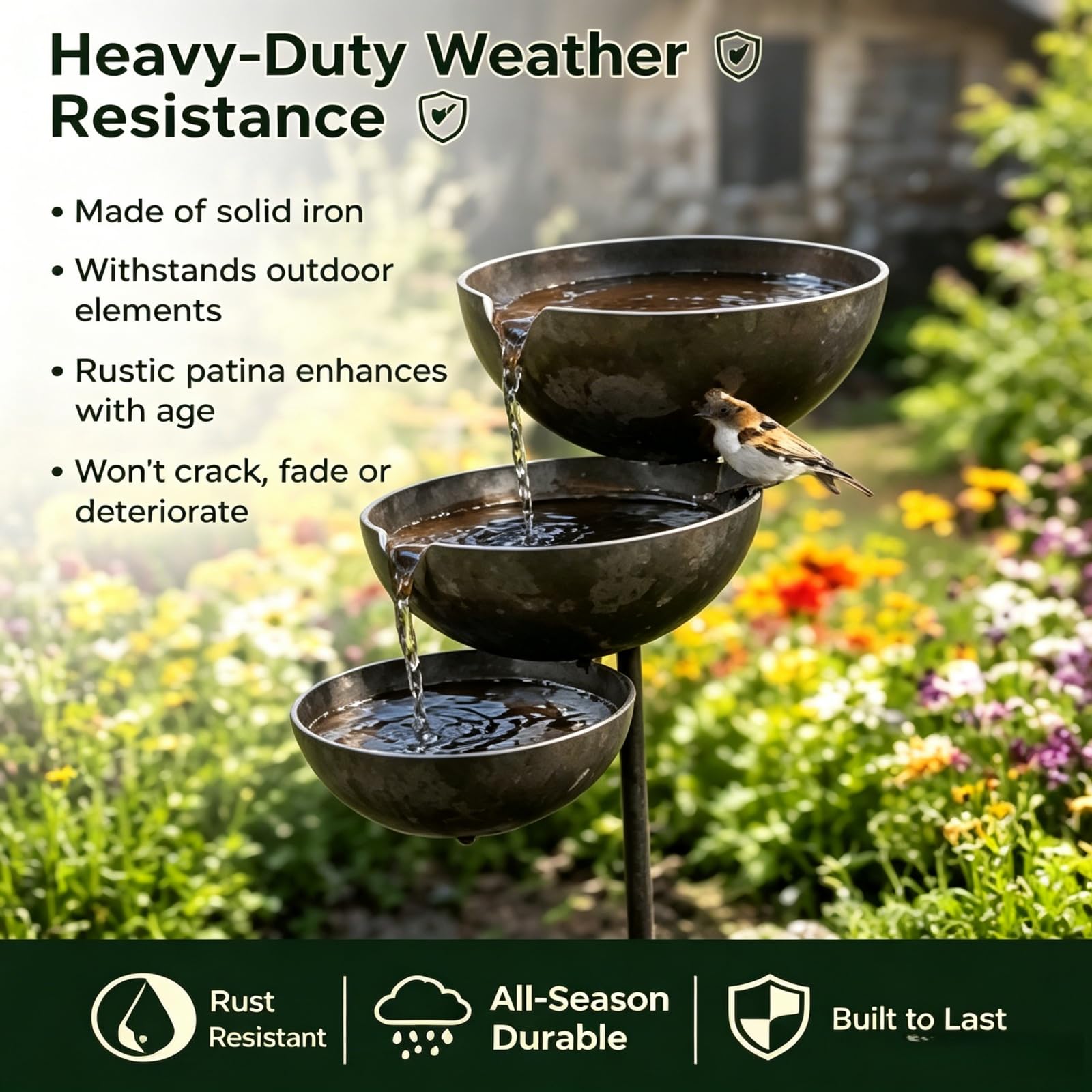 Bring Life Back To Your Garden – Rain Catcher Bird Bath,2026 Metal 3 Tier Birds Bath,Rain Catcher Garden Stake Birds Baths,Antique Bronze Outdoor Rainwater Collector for Birds Bees Hummingbirds，A：2PCS