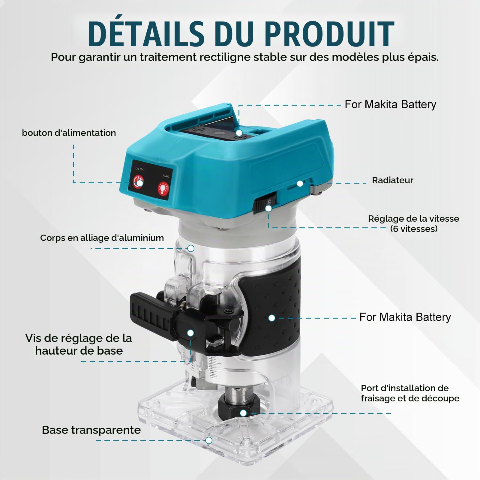 Bois Défonceuse Affleureuse pour Makita 18V Batterie, 1300W Ø 8 mm ou 6 mm, 13000-30000RPM, 6 Vitesses Variables (sans batterie)