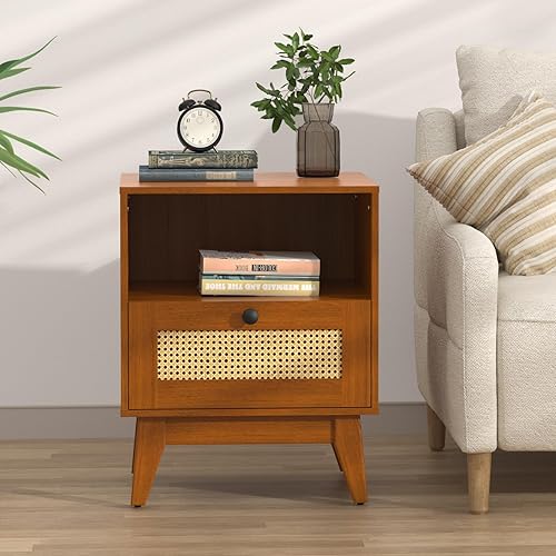 Miniatura 1 de Mesita de noche moderna de ratán con cajón de ratán natural, mesita de noche bohemia con patas de madera maciza para dormitorio, sala de estar y