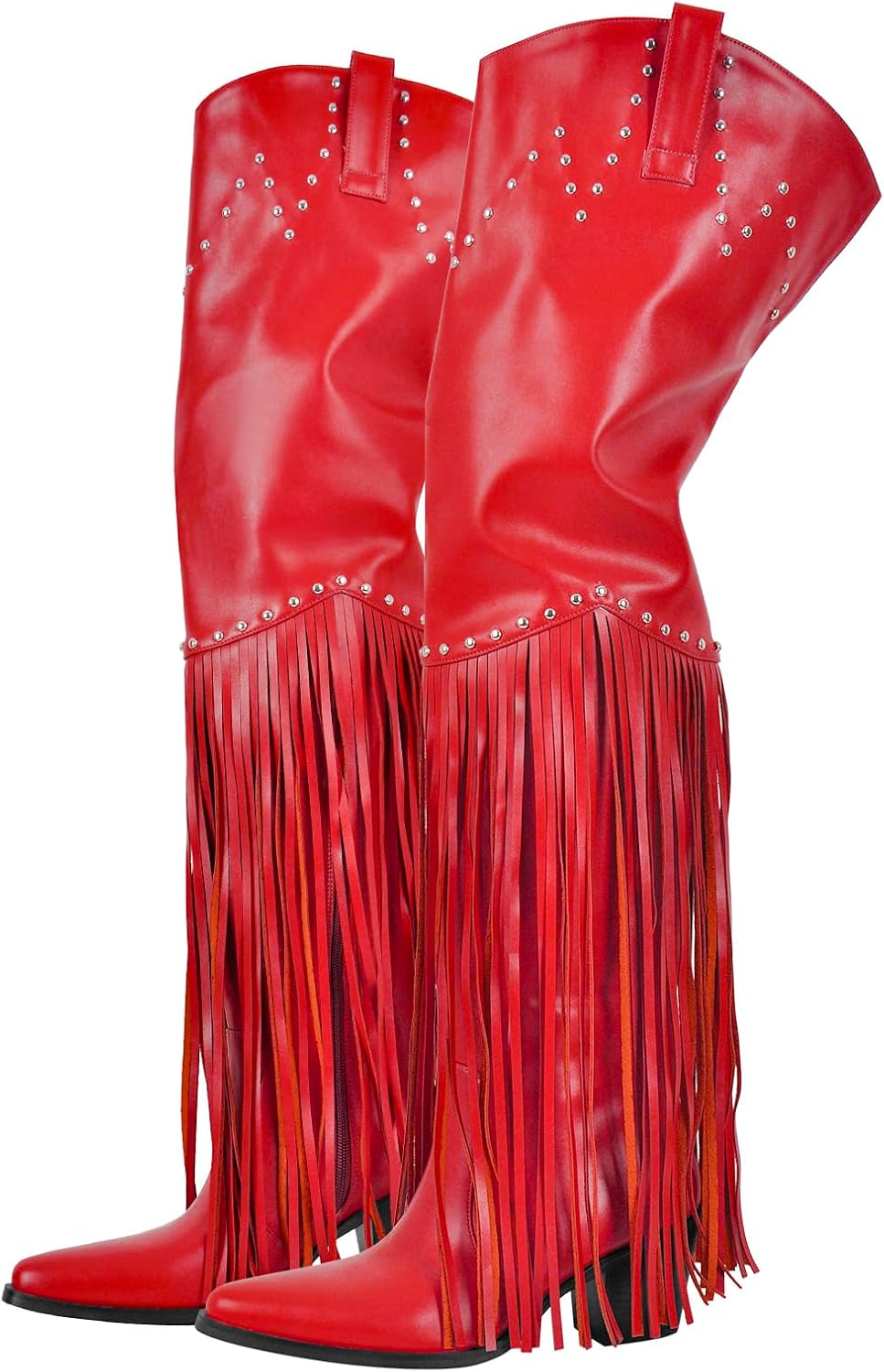 richealnini Fringe Thigh High Boots with Tassels Wide Calf Over Knee Western Cowboy Boots