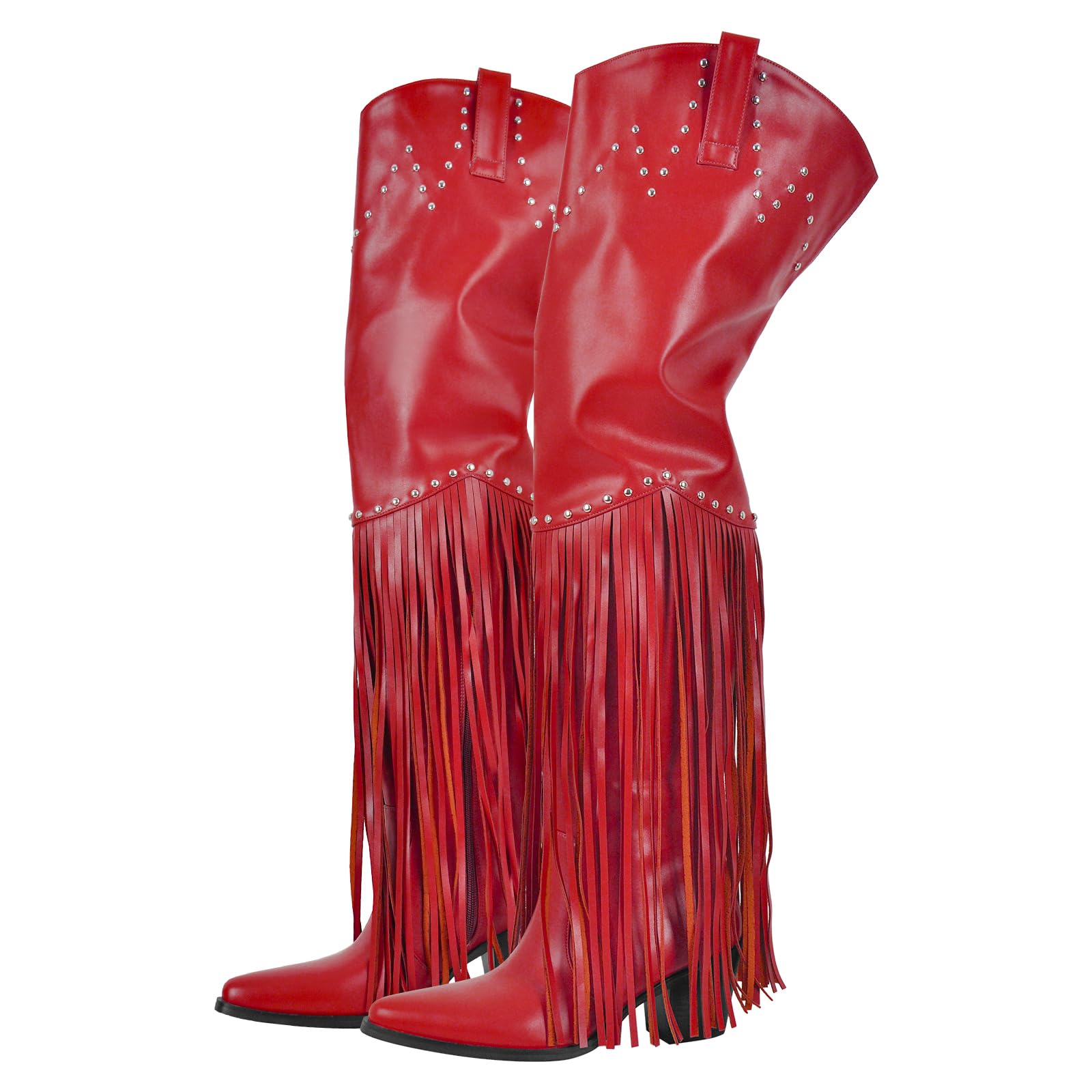 richealnini Western Thigh High Cowboy Boots with Fringe Over Knee Wide Calf Cowgirl Boots