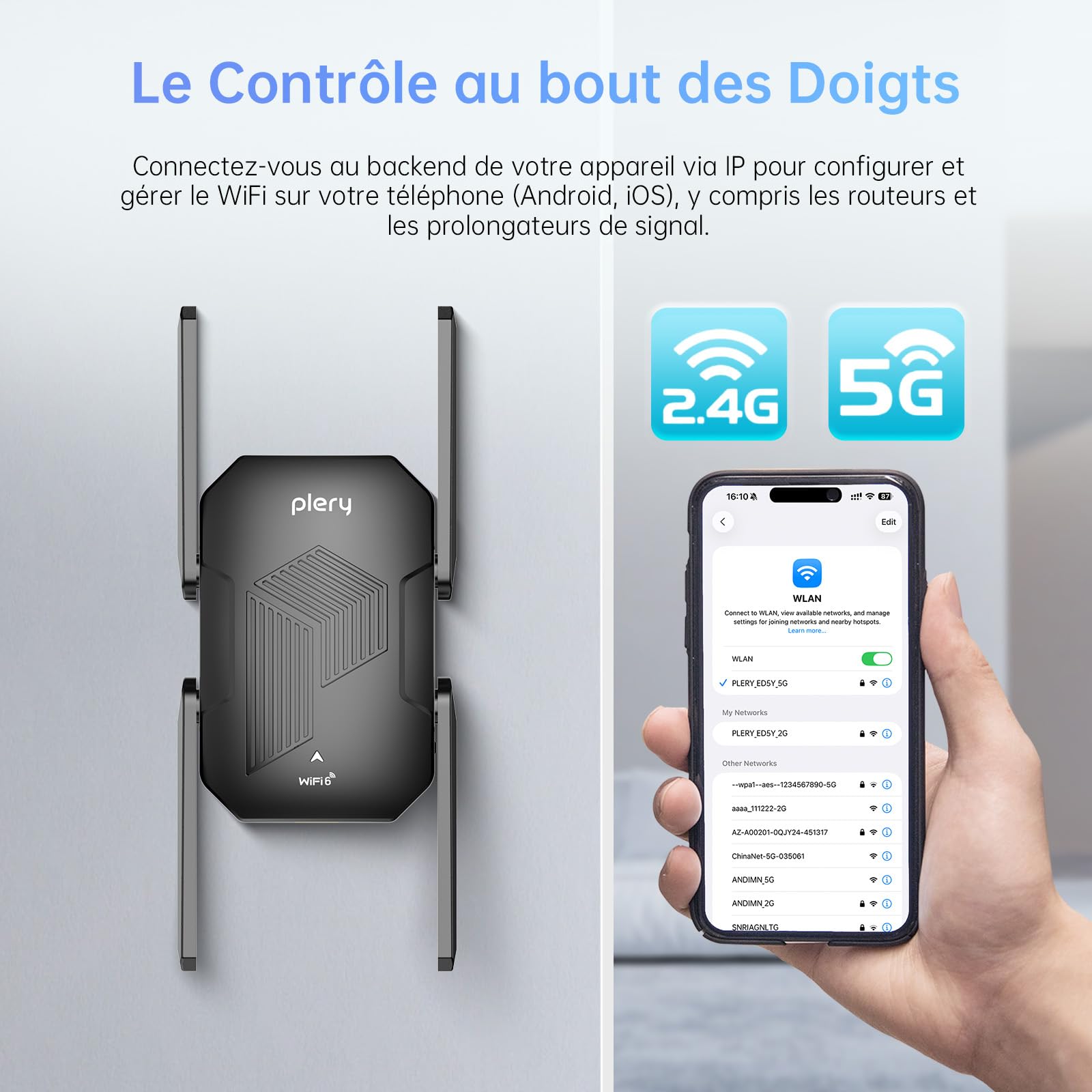 Repeteur WiFi Amplificateur WiFi Puissant Répéteur WiFi 6 AX1500 Double Bande 2.4G et 5G avec Port Ethernet, WPS, WPA3, 4 Antennes WiFi Repeater Compatible avec Toutes Les Box Internet