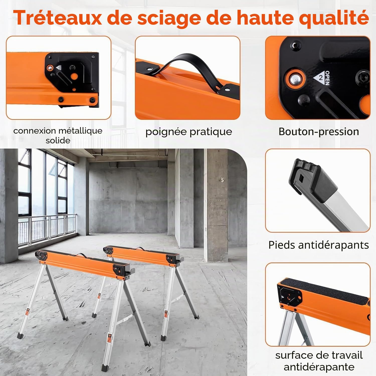 FANTASK Lot de 2 tréteaux de sciage pliables - Tréteaux de travail portables - En métal robuste - Pour le travail du bois - Avec poignée - Charge maximale : 500 kg