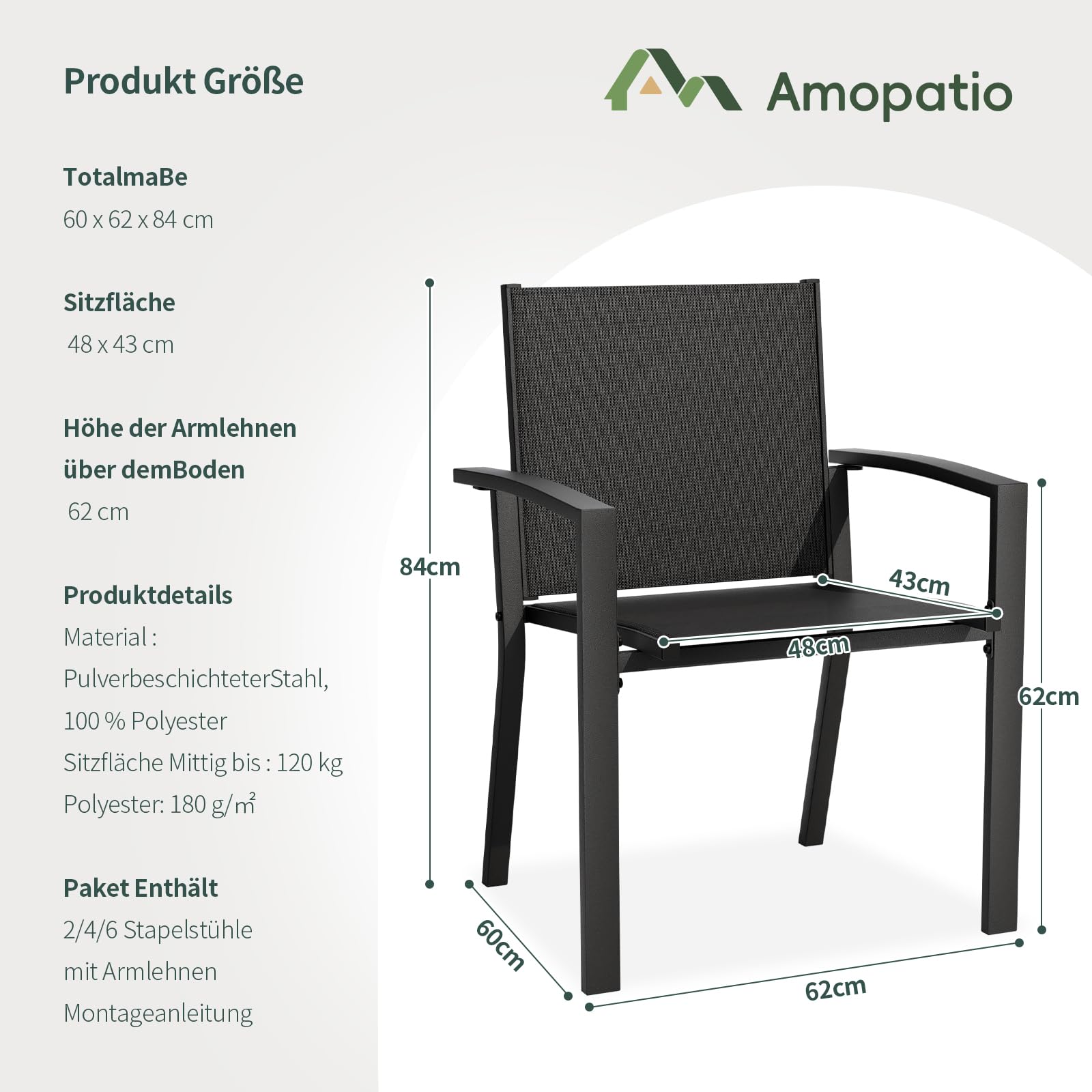 Amopatio 4er Set Gartenstühle Stapelbar mit Armlehnen - Gartenstuhl Hochlehner aus Textilene & Metall, wetterfest & rostbeständig - Komfortabler Gartensessel für Garten, Balkon und Terrasse, Schwarz