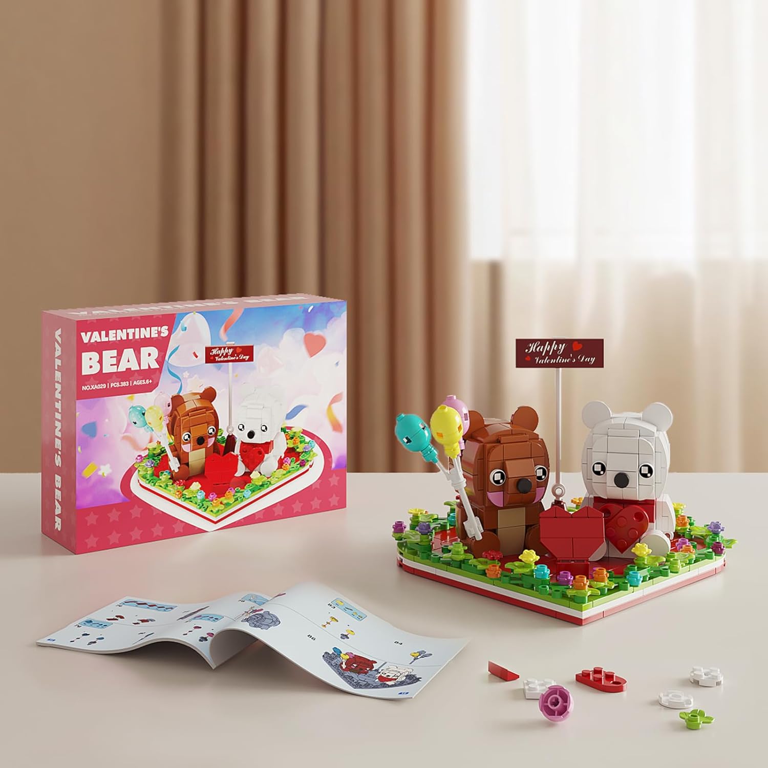 Valentine's Bear Building Blocks Toys for Lover, Love Heart Ornament Frame Cute Brown and White Bear Bricks Kit, Valentines Day Crafts Galentines Gifts School Exchange for Adults Kids Girls or Boys