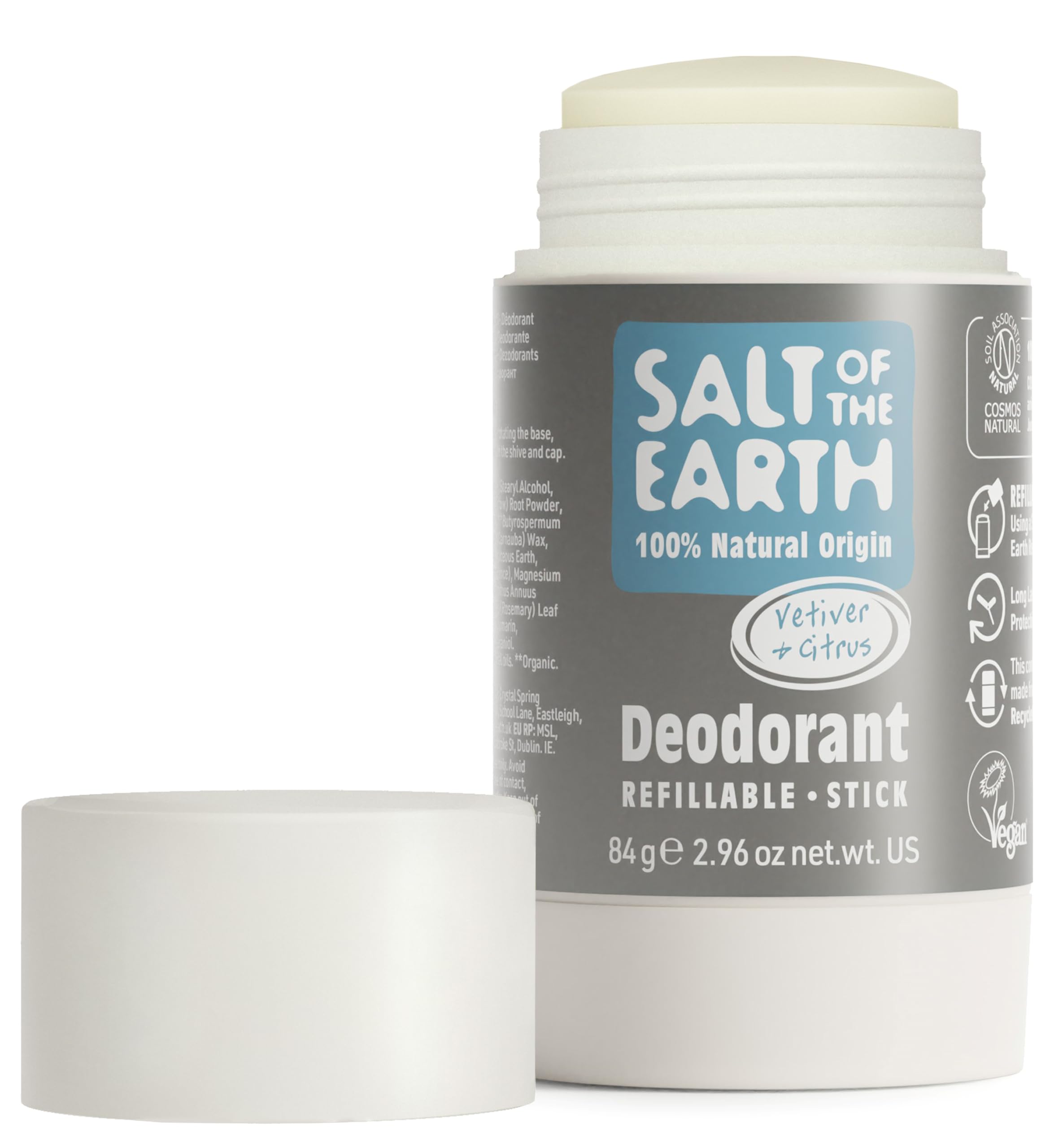 Salt Of the Earth Natural Deodorant Stick, Vetiver & Citrus - Vegan, Long Lasting Protection, Refillable, Leaping Bunny Approved, Made in The UK - 84g, (Pack of 1)