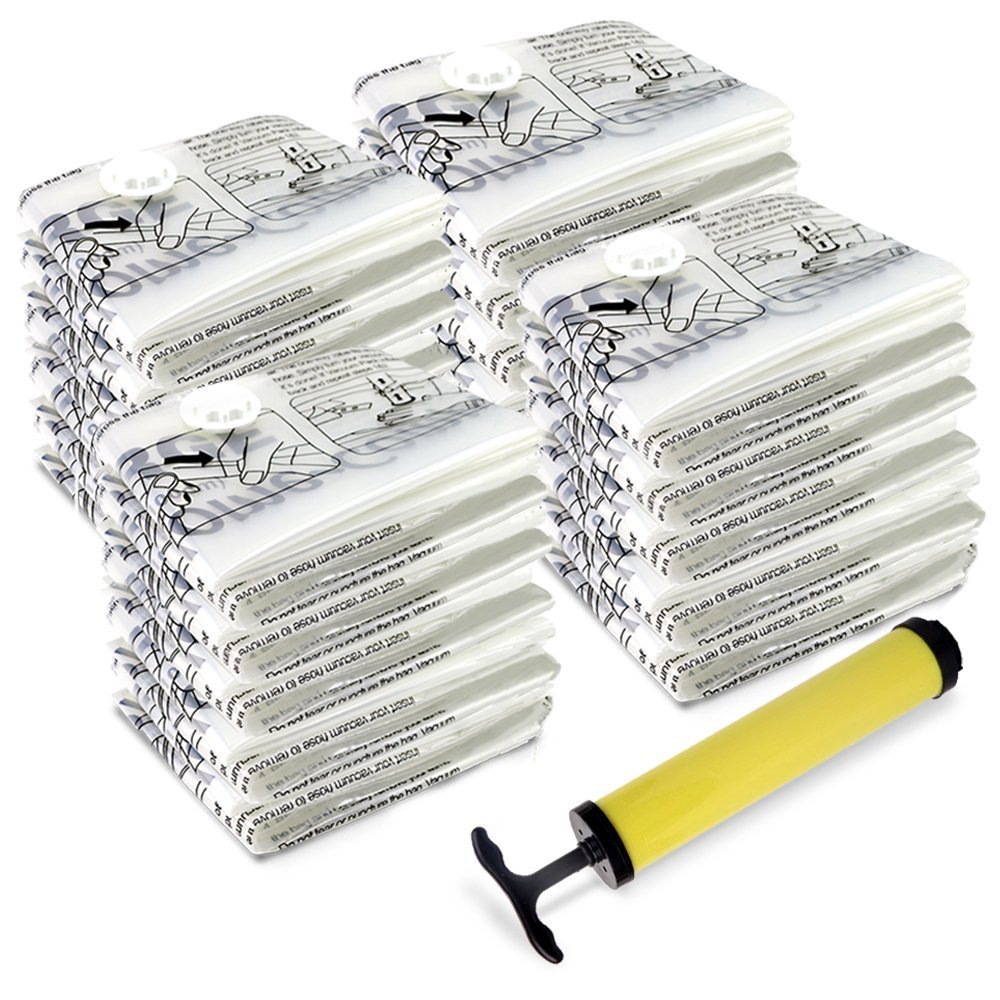 20 Vacuum Sealer Bags – Compression Bags for Travel, Clothes, and Blanket Storage – Airtight Space Saver Pouches in 4 Sizes and Pump by Home-Complete