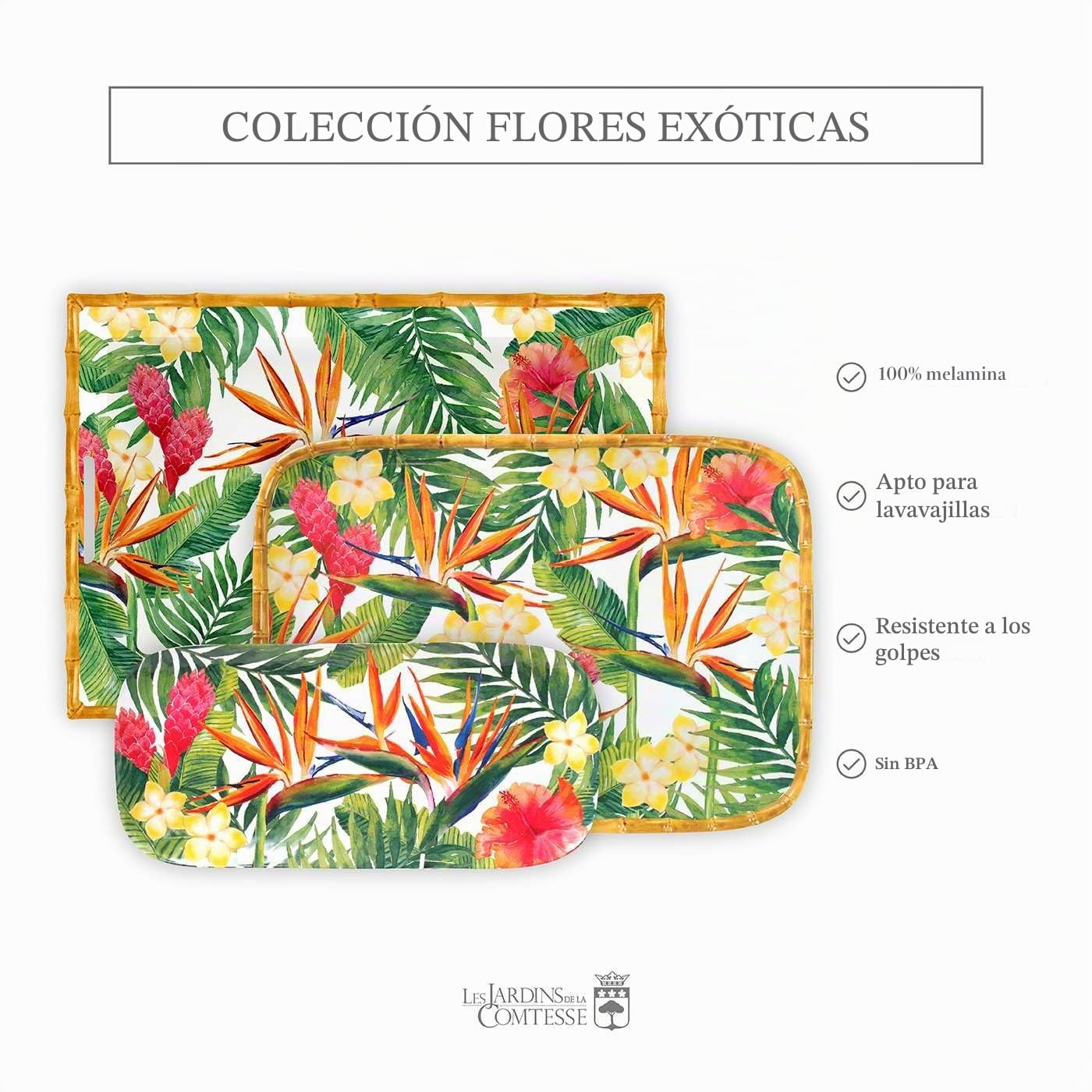 Les Jardins de la Comtesse - Gran Bandeja de Servicio de Melamina Pura - Flores Exóticas - 50 cm - Rojo/Verde - Bandeja Grande con Asas de la Colección Vajilla Irrompible MelARTmine