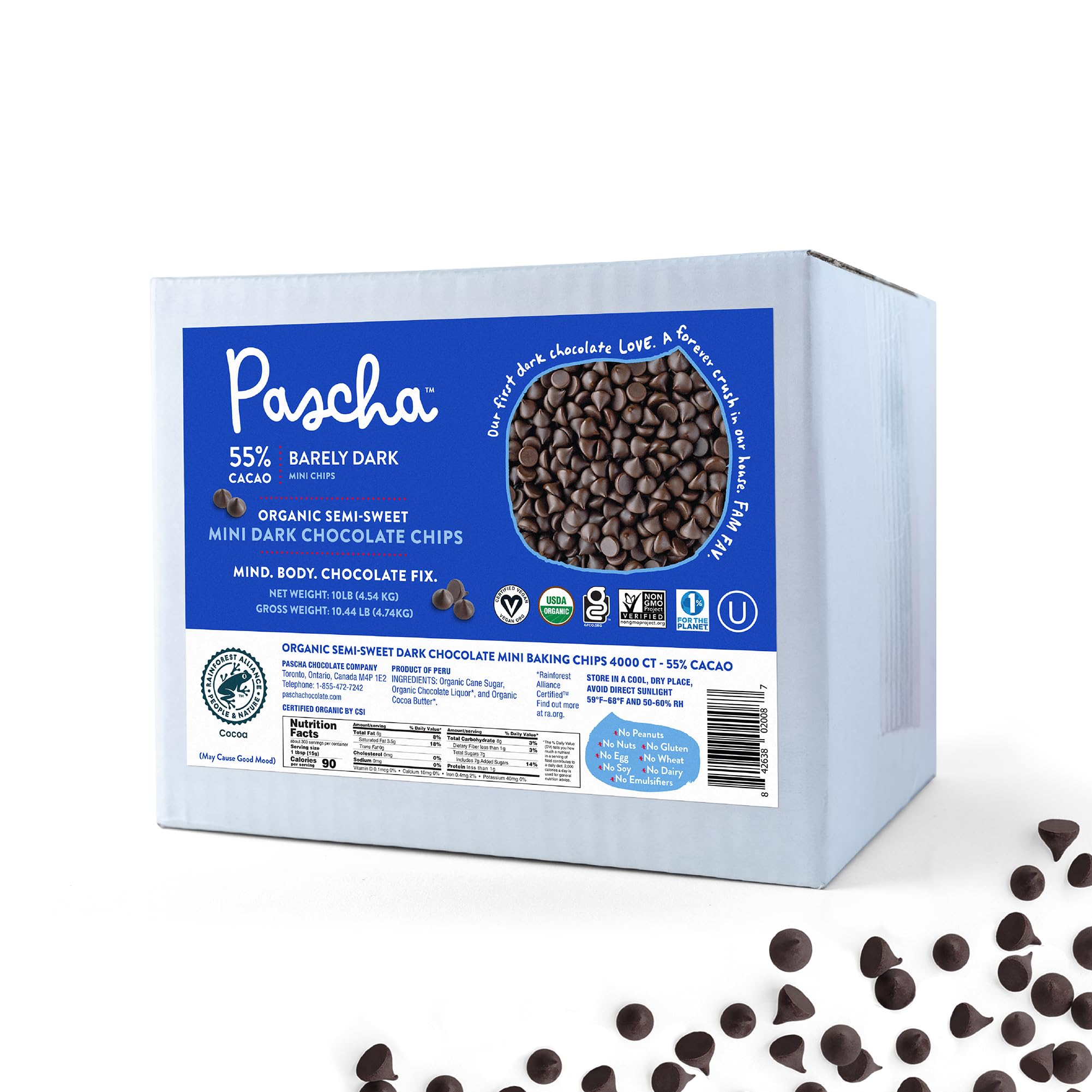 Pascha Bulk Organic Baking Mini Semi-Sweet Chocolate Chips 55% Cacao, Allergen Free, Non-GMO, Vegan, & Fair Trade, 10 Pounds