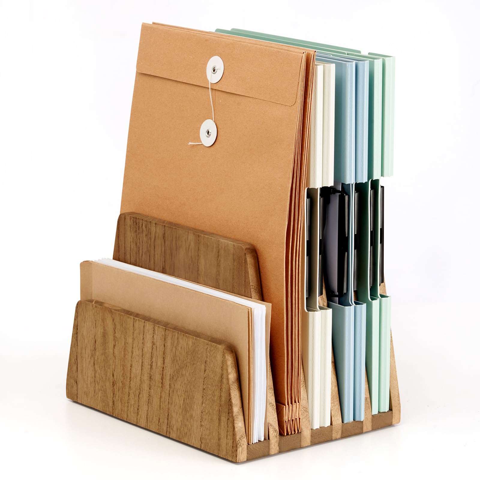 KIRIGEN Dokumentenhalter Holz, 5 Fächer Schreibtisch-Organizer aus Paulownia-Holz, 2,5 cm Fachabstand, Briefsortierer für Post, Hefte, dünne Mappen und Broschüren, Dunkelbraun, 19 x 25,2 x 18 cm