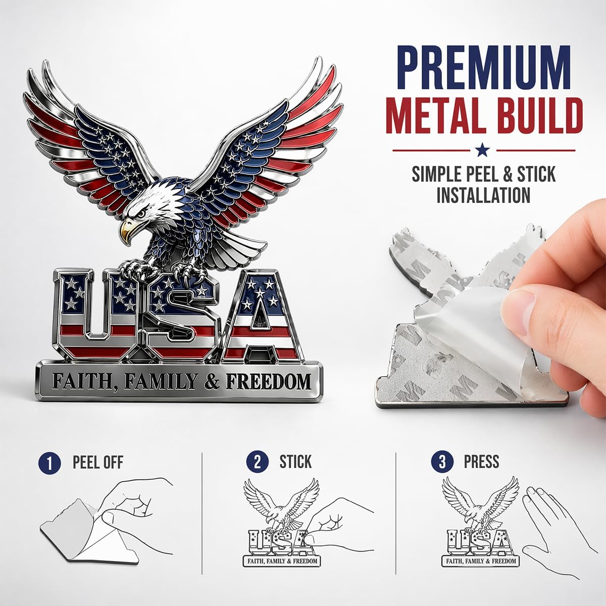 Faith Family Freedom Car Emblem, Metal Badge with Eagle Design, 1776-2026 Patriotic Decal for Truck, SUV, Motorcycle,2 Pack