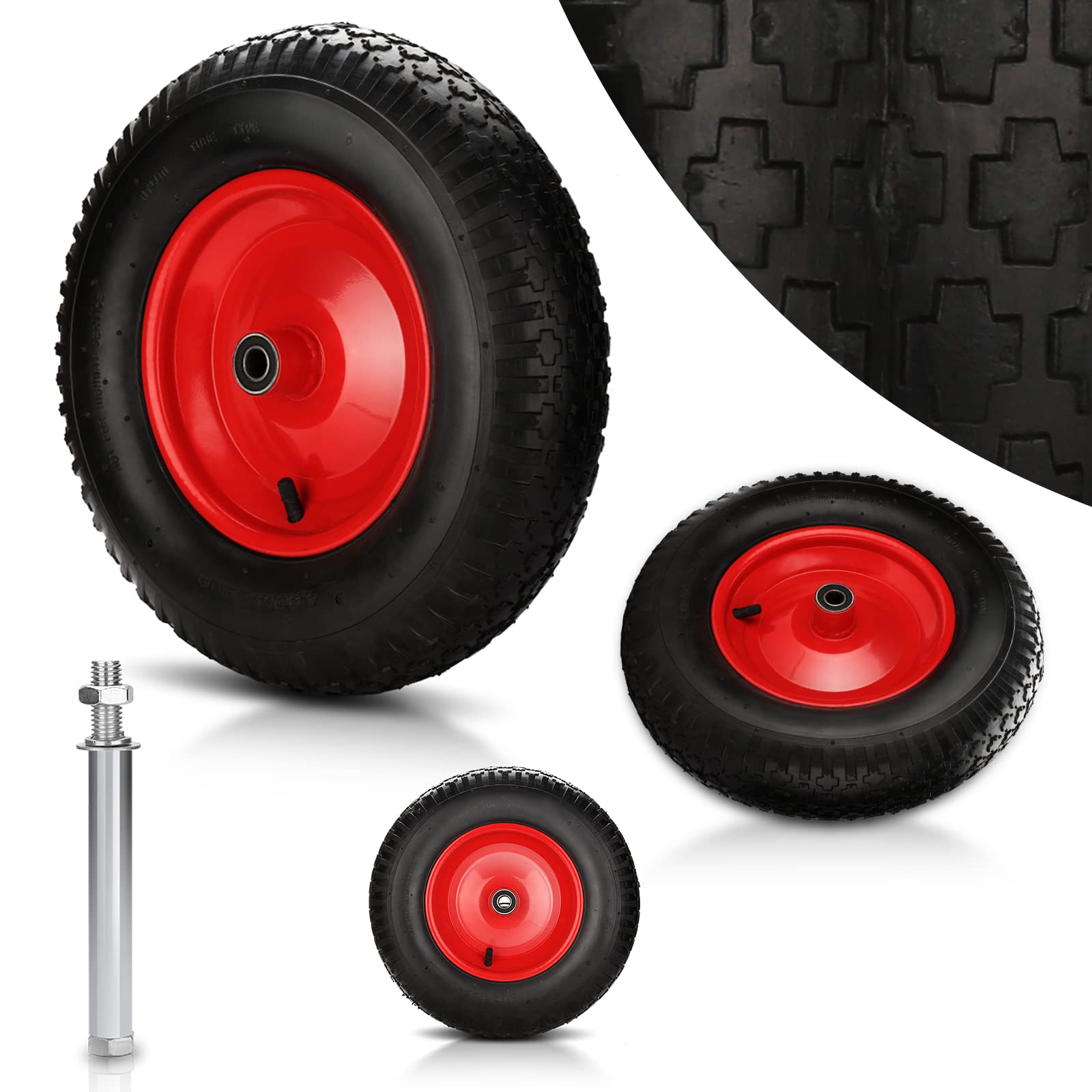 4x Schubkarrenrad 4.80 4.00-8 PU luftbereift mit Achse, Ø 390 mm, bis 200 kg Traglast, 95 mm, Gummirad Luftreifen