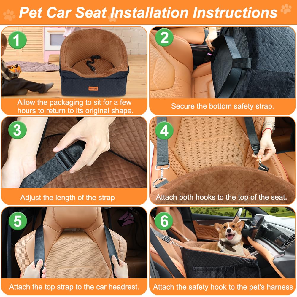 Vivifying Hunde Autositz für kleine bis mittlere Hunde, Waschbarer Hundesitz Auto mit Sicherheitsgurt und Aufbewahrungstaschen, Erhöhter Hundeautositz für Vorder- und Rücksitz, Braun