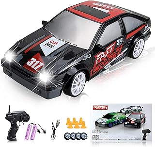 YUAN PLAN Remote Control Car 1/24 2.4GHz 4WD RC Drift Car, Rechargeable High Speed RC Cars with Cool Lights, Two Batteries and Extra Tires Birthday Gifts for Kids