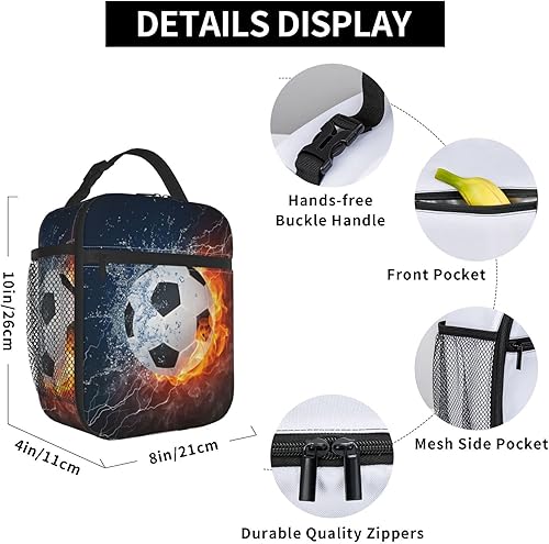 Miniatura 6 de Bolsa de almuerzo con balón de fútbol en fuego, lonchera aislada, reutilizable, impermeable, portátil, para hombres y mujeres