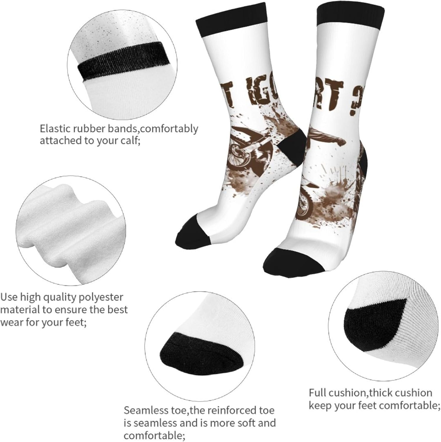 FWSXIVN Got Dirt Bike Motorcross Racing Casual Cool 3D Printed Novelty Graphic Crew Tube Socks - Black, Men: 7.5-12, Women: 5.5-10 - Image 7