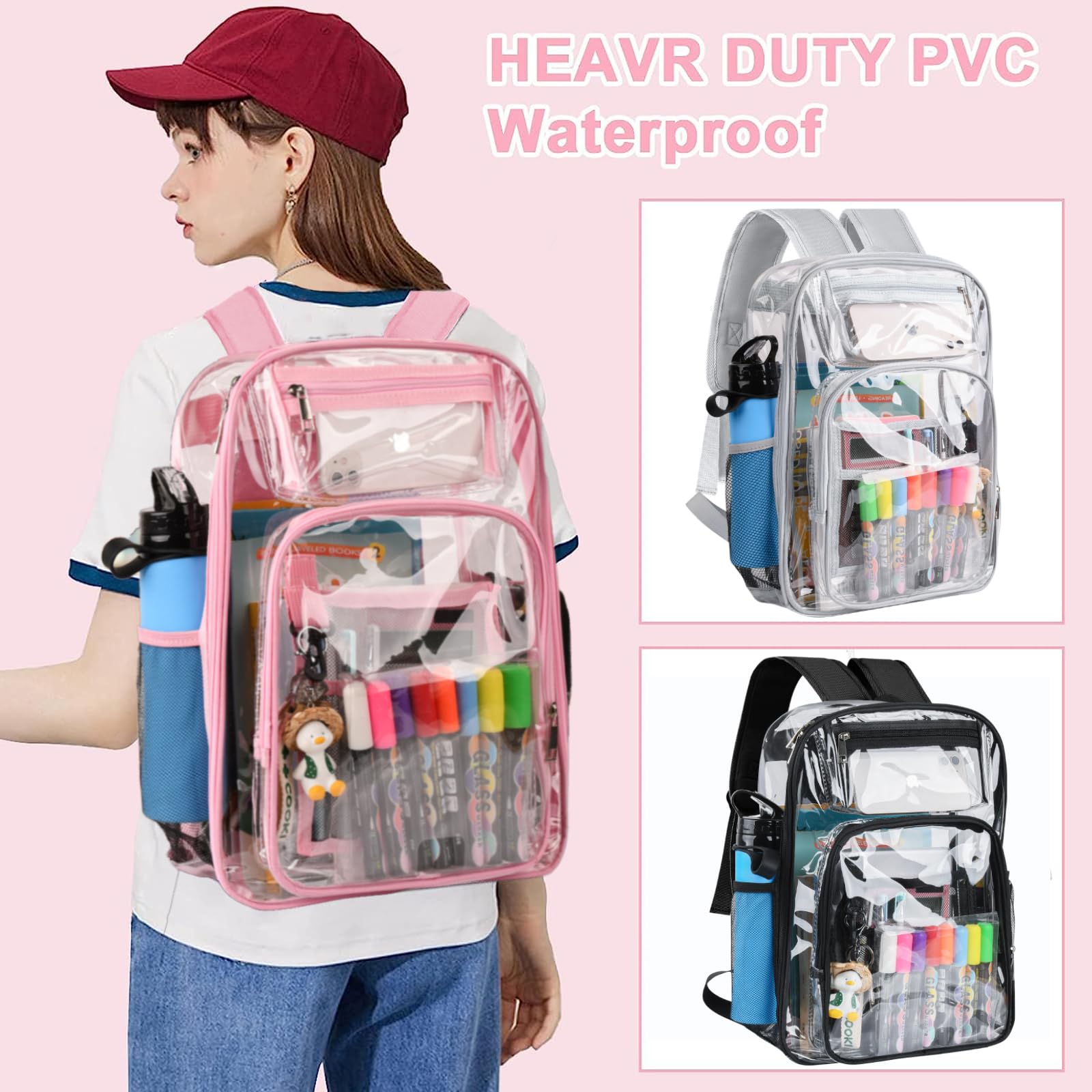 Birity Zaino trasparente pesante,Grande PVC vedere attraverso la borsa del libro,Zaino trasparente per adolescenti e adulti