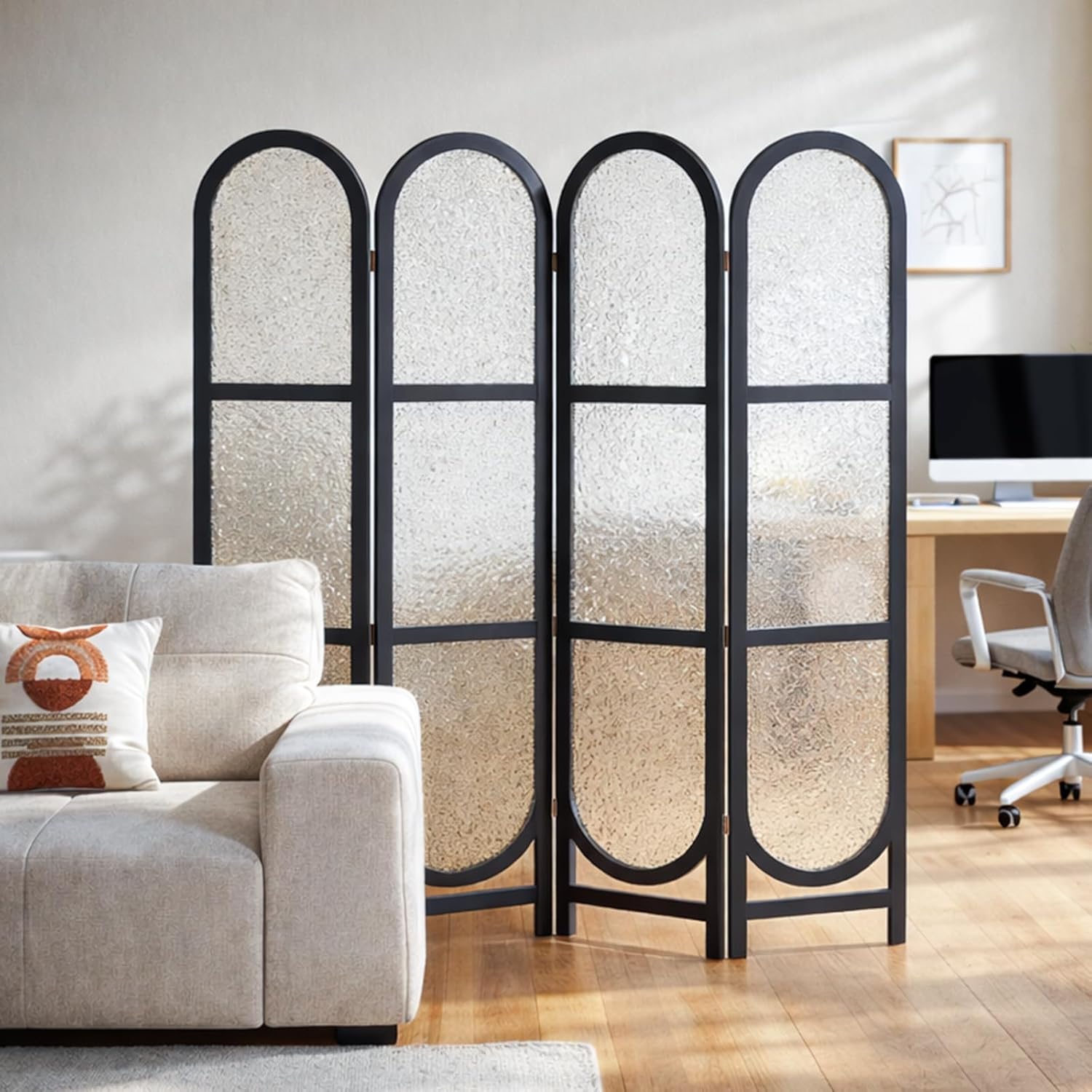 Arched Room Divider 4 Panel, 6FT Acrylic Privacy Screen, Freestanding Folding Room Divider Screens, Solid Wood Temporary Wall Divisor de Habitaciones for Home Office