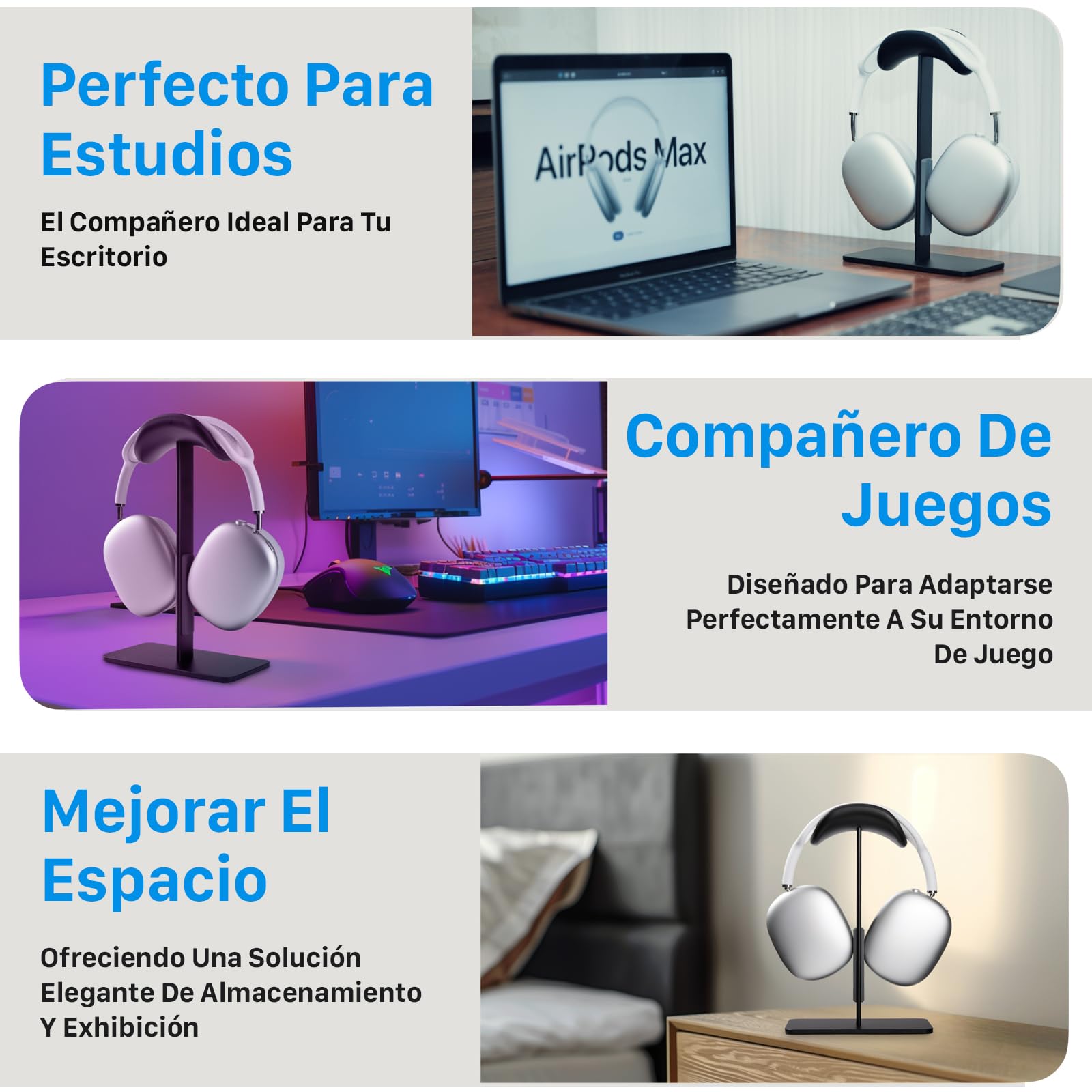Soporte para AirPods MAX con Modo de suspensión Inteligente – Base de Aluminio Antideslizante, Superficie ABS antiarañazos, Soporte Universal para Auriculares (Negro)