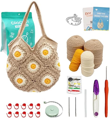 Uongeod Kit de ganchillo para principiantes, bolsa de mano de margarita, kits de tejido de margaritas con tutoriales en video paso a paso, kit de