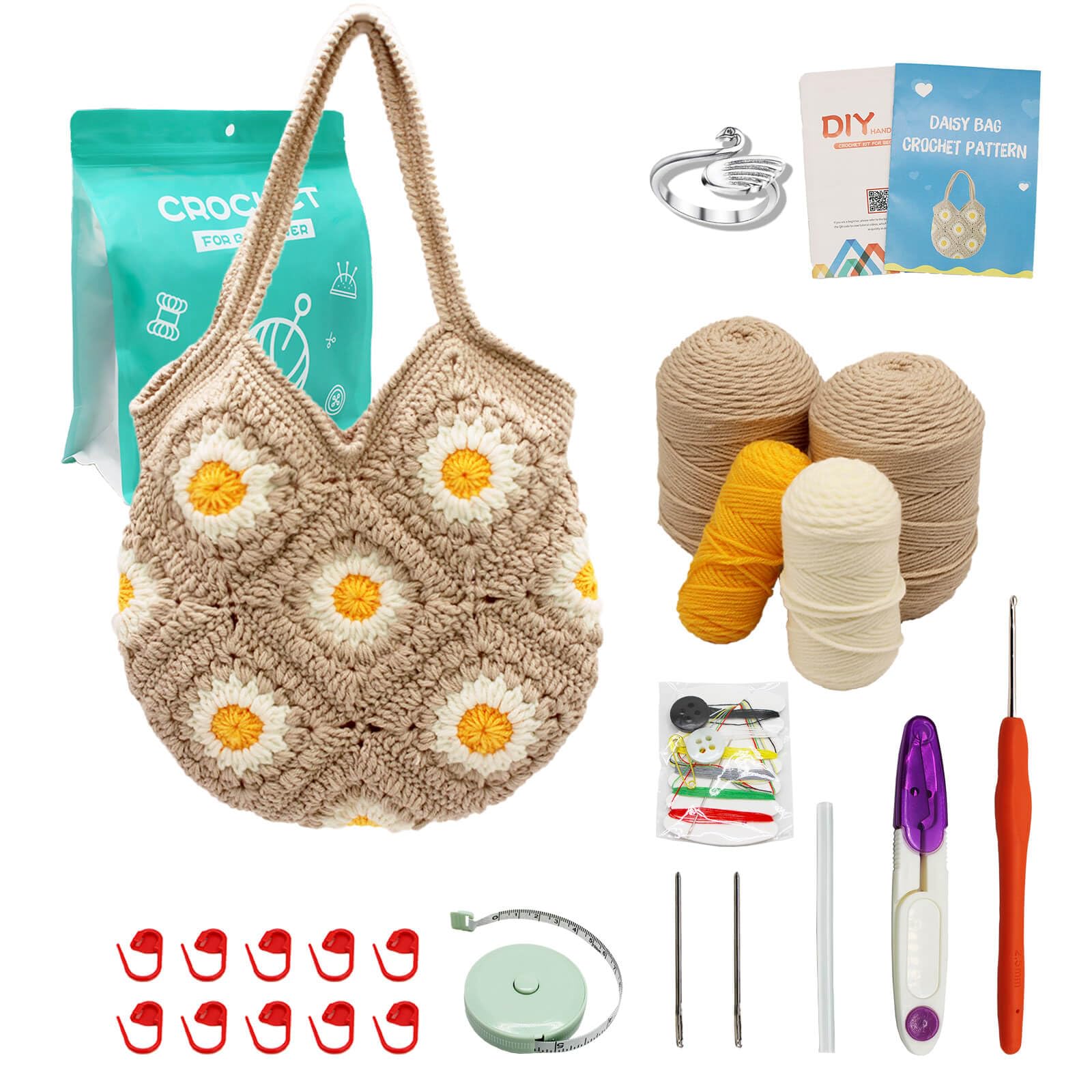 Granny Square Crochet Kit for Beginners Daisy Crochet Bag Kit Tote Bag DIY Knitting Kits of Daisy Tote Bag with Step-by-Step Video Tutorials Crochet Kit Beginners for Adults and Kids