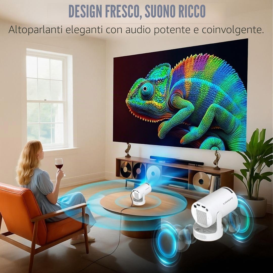 Mini proiettore 1080P Full HD supporto & 720P nativo, portatile WiFi 6 e Bluetooth 5.4, piccolo auto Keystone e rotazione 180°, compatibile con HDMI/TV Stick