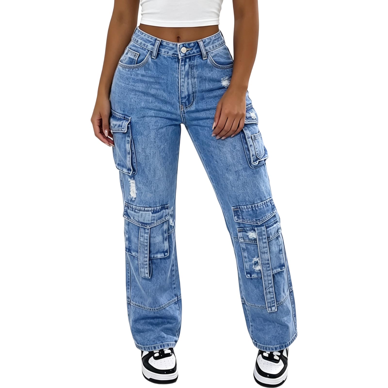 Jeans Donna Y2K Cargo con Tasche Denim Strappato Mid-Rise