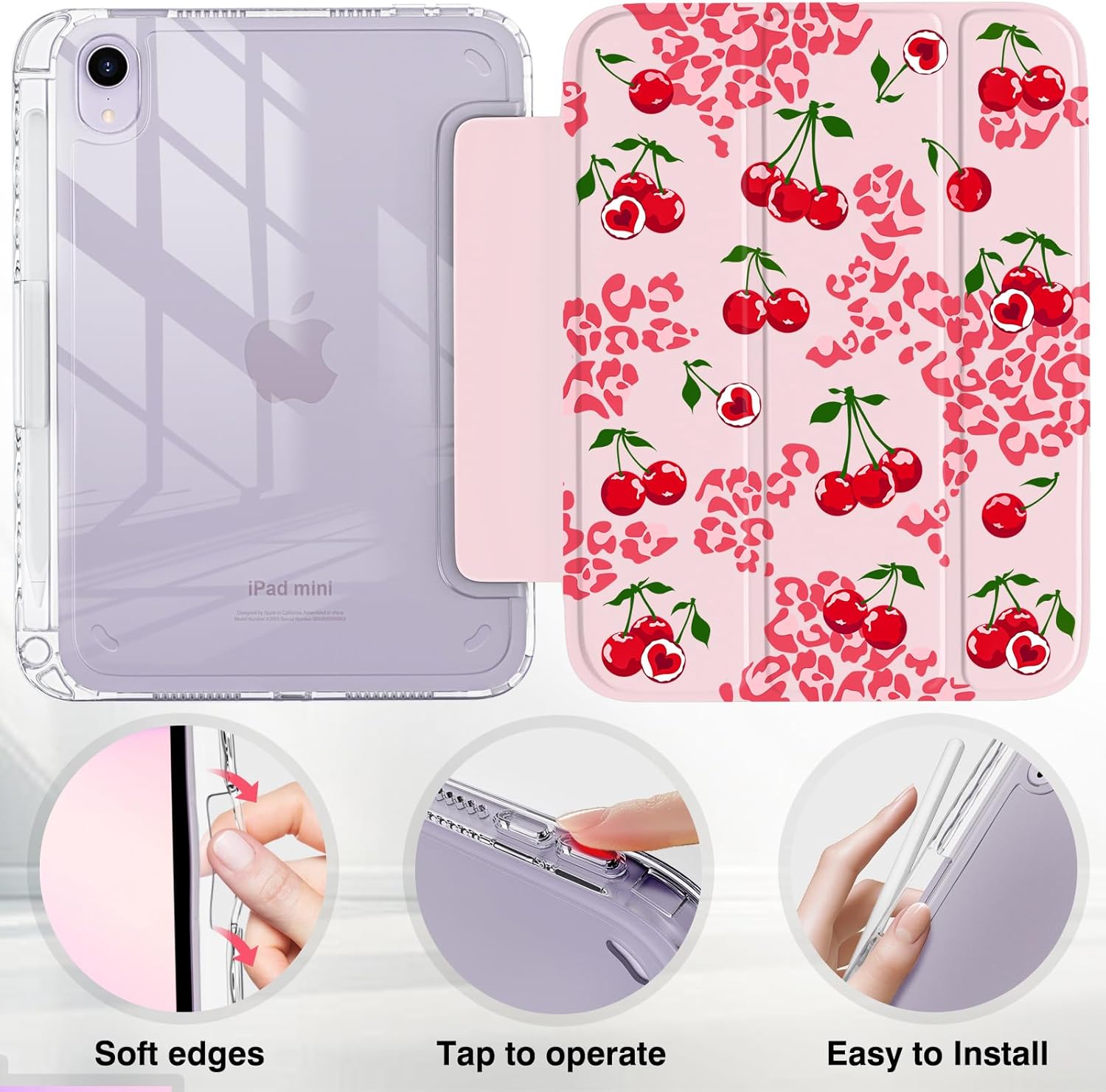 Leopard Kawaii Cherry for iPad mini 6/7 Case 8.3 Inch (2021/2024) with Pencil Holder, Pink Cute Protective Cover for Women & Girls, Tri-Fold Stand Hands-Free Viewing, Auto Sleep/Wake (Cherry Leopard)