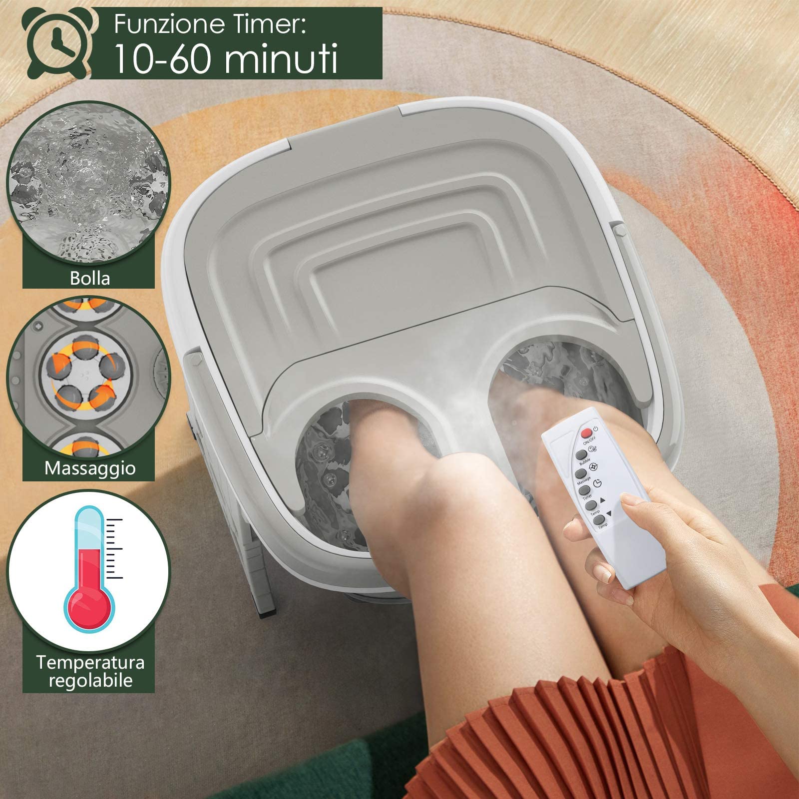 RELAX4LIFE Pediluvio Massaggiatore Piedi con Luce Infrarossa, Scalda Acqua Fino a 48°C, Massaggiatore Piedi Pieghevole con Telecomando Portatile, Funzione Calore e Rullo (grigio)