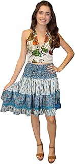 Women's Blue Floral Mini Skirt – High Waisted Ruched Recycled Silk Beach Skirt with Smocked Elastic Waist S/M