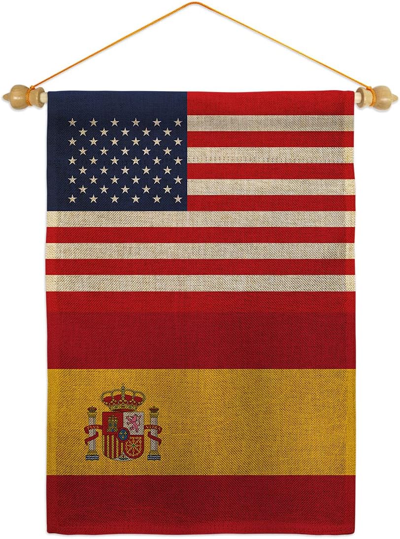 Spain US Friendship Garden Flag Set with Stand Regional USA American Alliance World Country Particular Area Small Decorative Gift Yard House Banner Made In 13 X 18.5