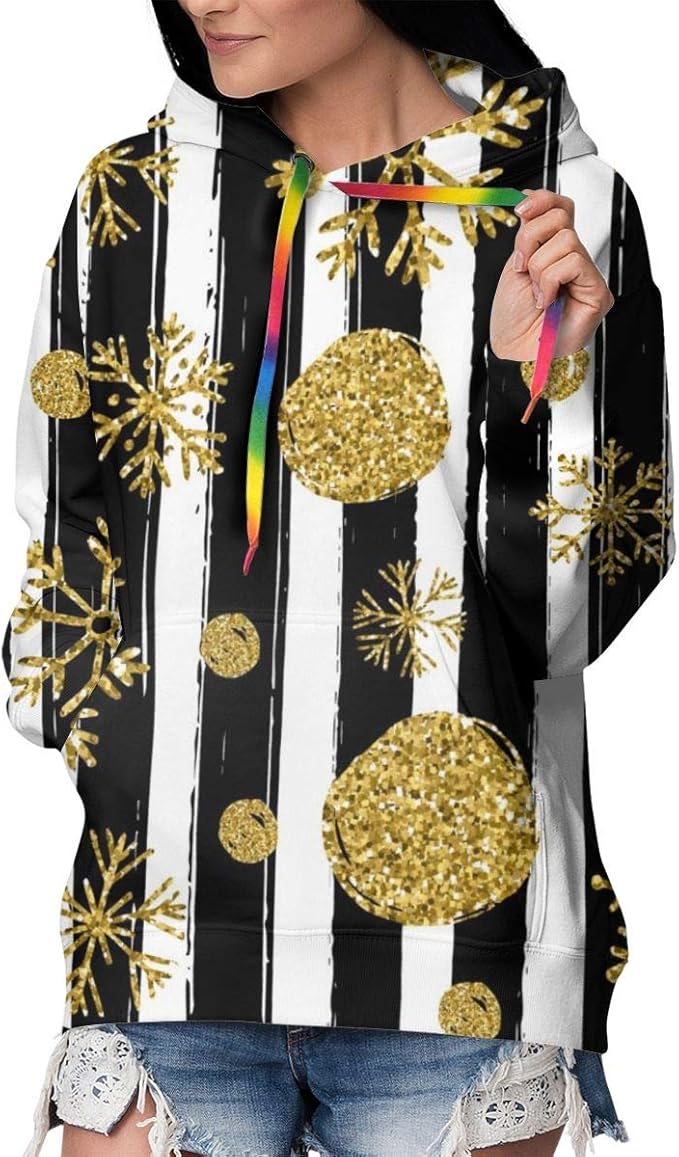 PRETTYFATE Gold Black White Stripe Women's Hoodies with Pocket Crew