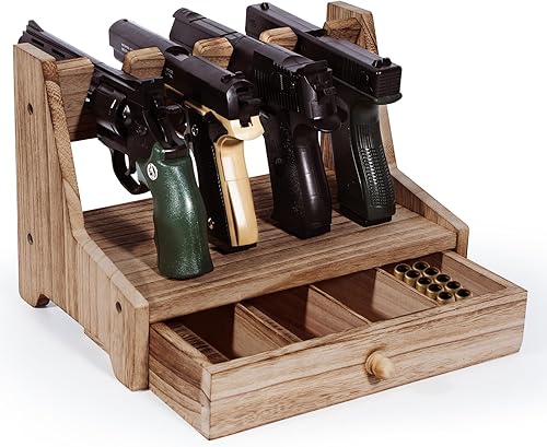 Estante de pistola para estante seguro para armas, soporte de madera de 4 ranuras para pistolas con cajón de munición dividido, gabinete de