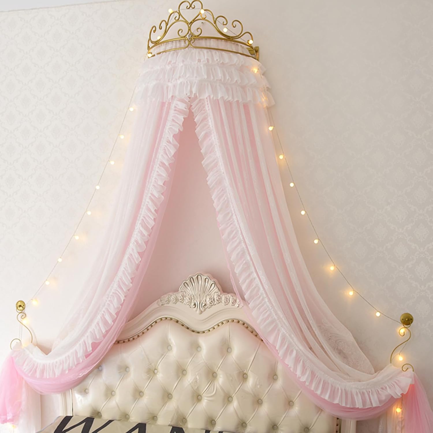 Bed Canopy with Crown Dome with Stars String Lights, Decor Bed Canopies & Drapes-Double Layer Lace and Mesh Dreamy Mosquito Net Bedding Reading Nook Canopies