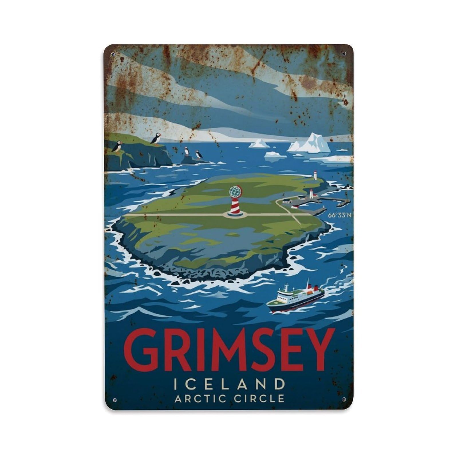 Vintage Travel Grimsey Iceland Circle Metal Tin Sign Plaque Wall Decor for Cafe, Club Bar, Office, Home Garden Metal Poster 8x12Inch