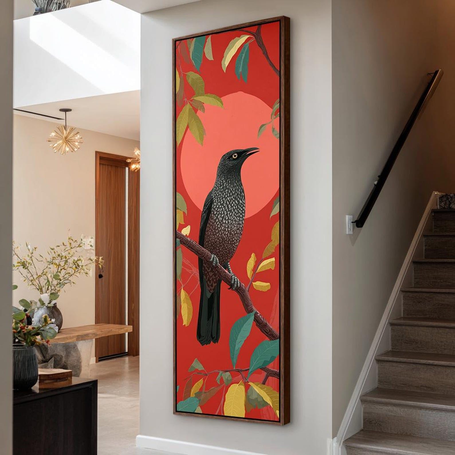 YUSUZHU Large Canvas Prints-Vertical Bird Animals Art - Slender Branch Painting - Bird Art - Tall Thin Wall Art for Living Room(55x110cm/Inner Frame)